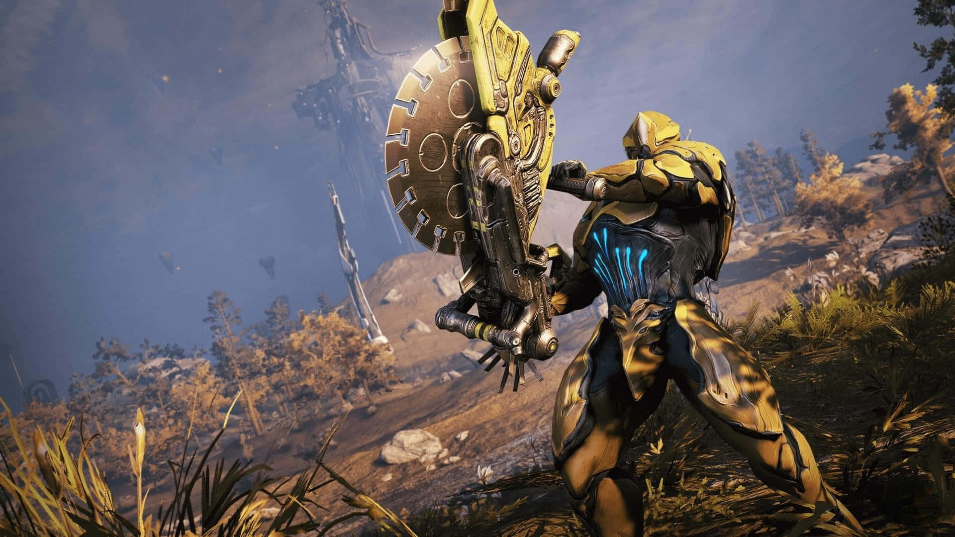 Nidus Warframe, gold and black armor, massive circular shield, Full HD Desktop Wallpaper