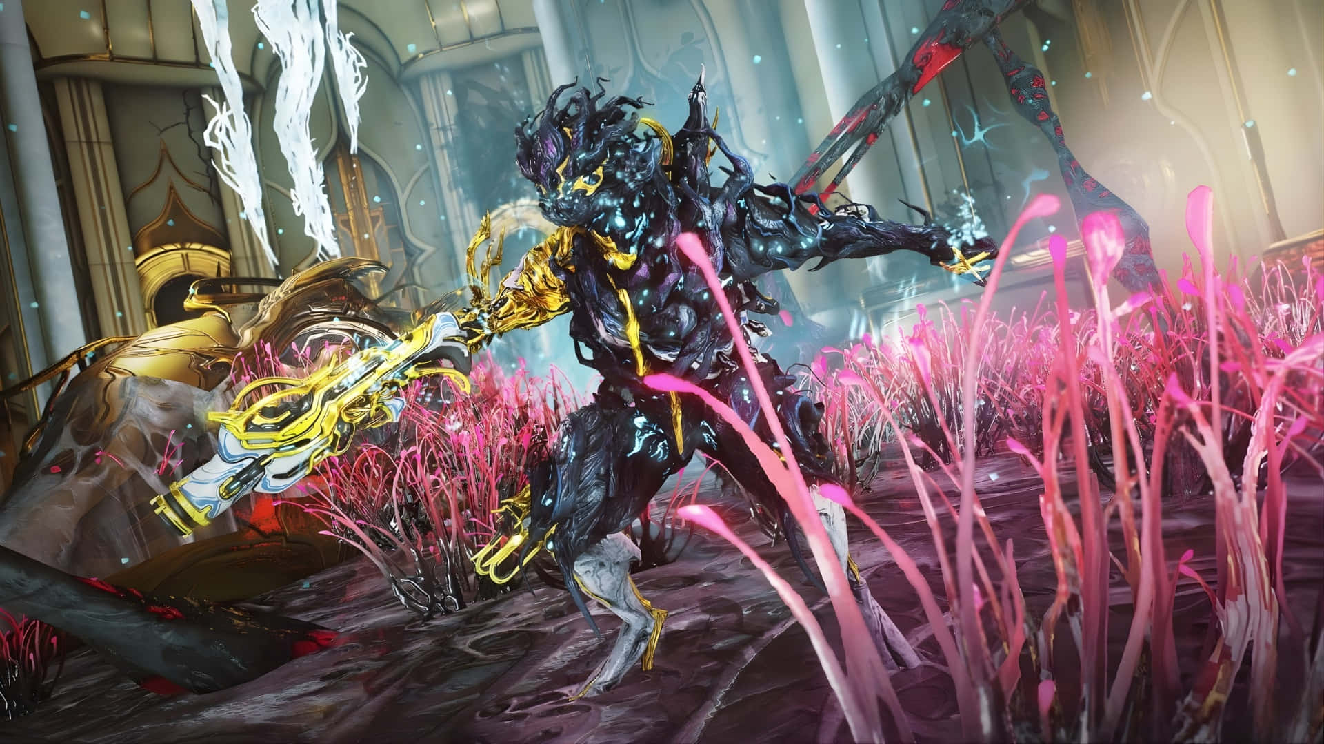 Nidus Warframe, golden armored warrior, black and gold biomechanical monster, Full HD Desktop Wallpaper