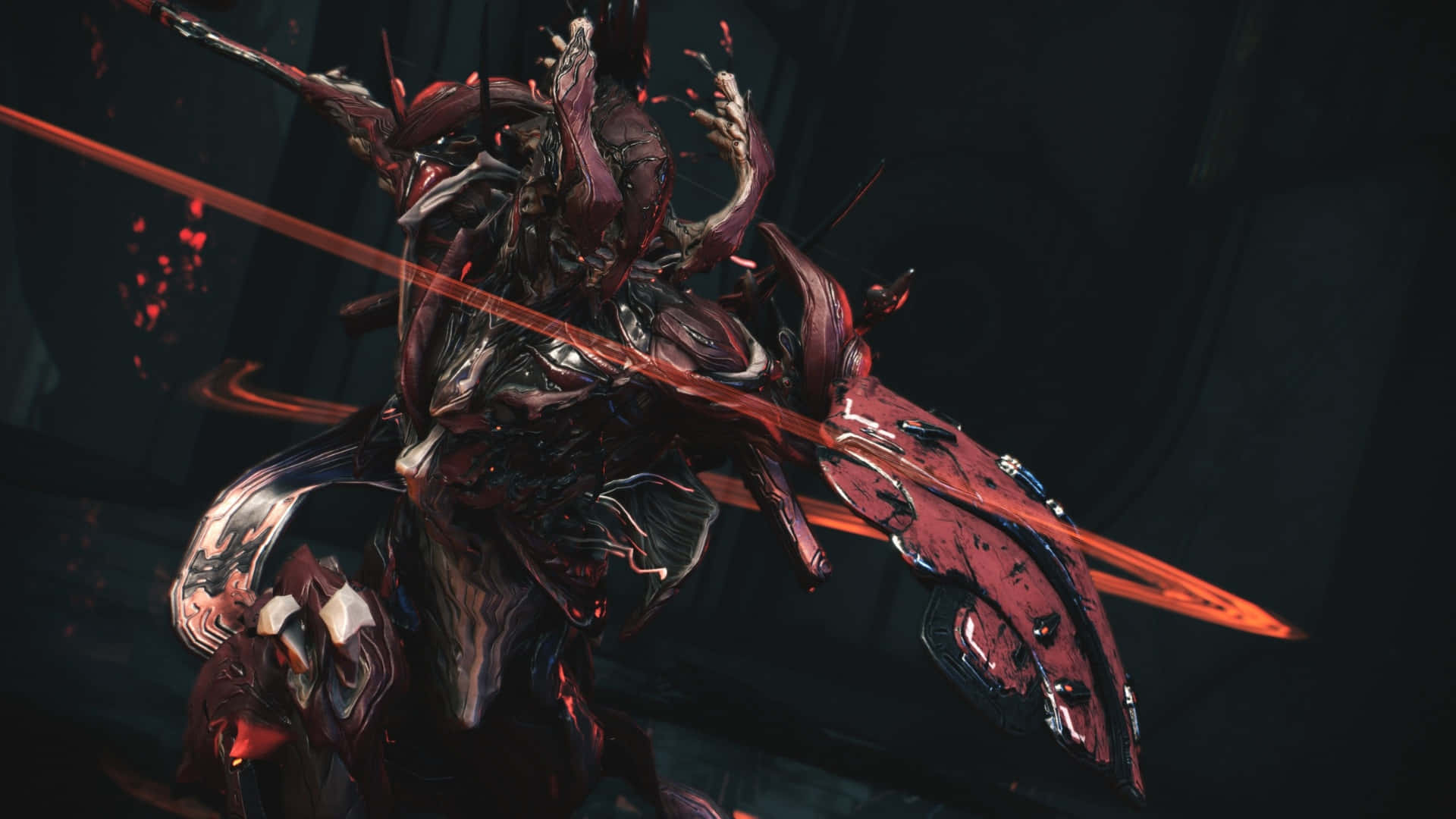 Nidus Warframe, infested power, glowing red blades, Full HD Desktop Wallpaper