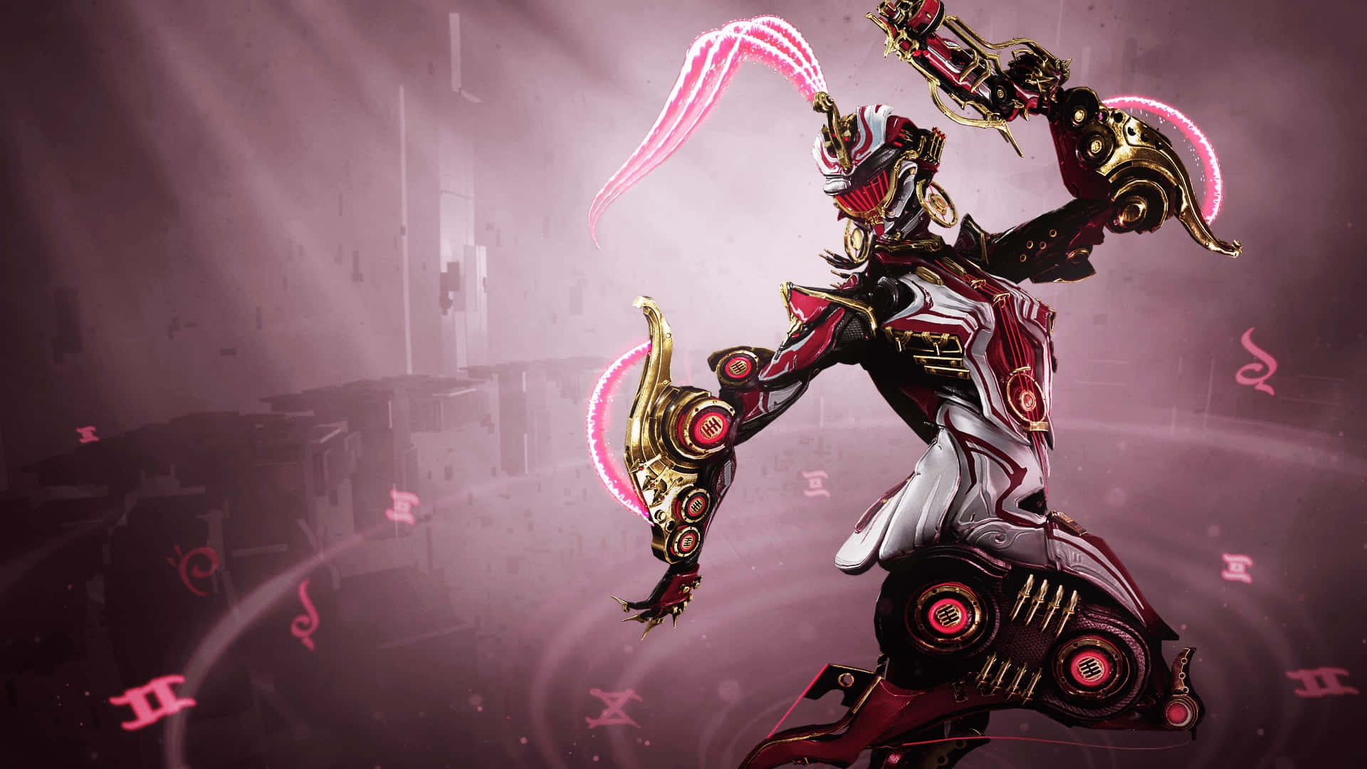 Nidus Warframe, red gold and silver armor, glowing pink energy blades, Full HD Desktop Wallpaper