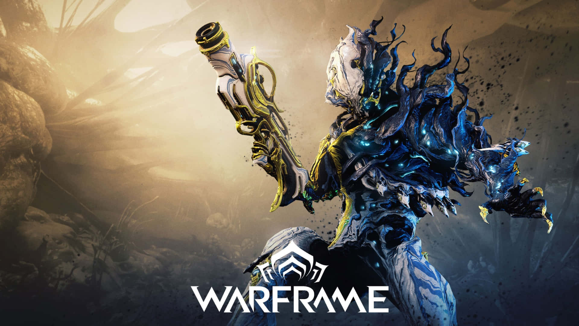 Nidus Warframe, blue and gold armored warrior, glowing eyes, Full HD Desktop Wallpaper