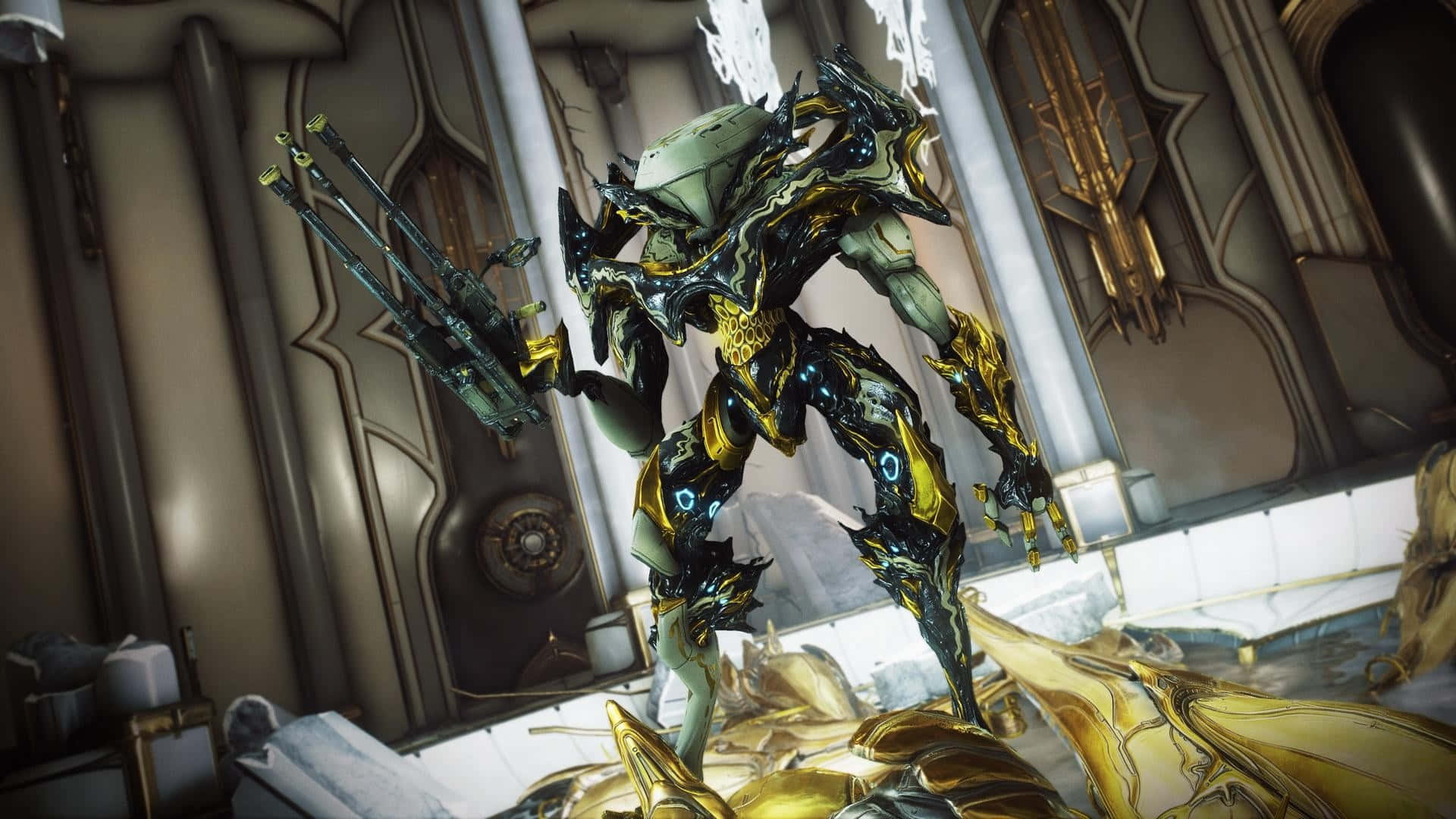 Nidus Warframe, gold and black armor, multi-barreled weapon, Full HD Desktop Wallpaper