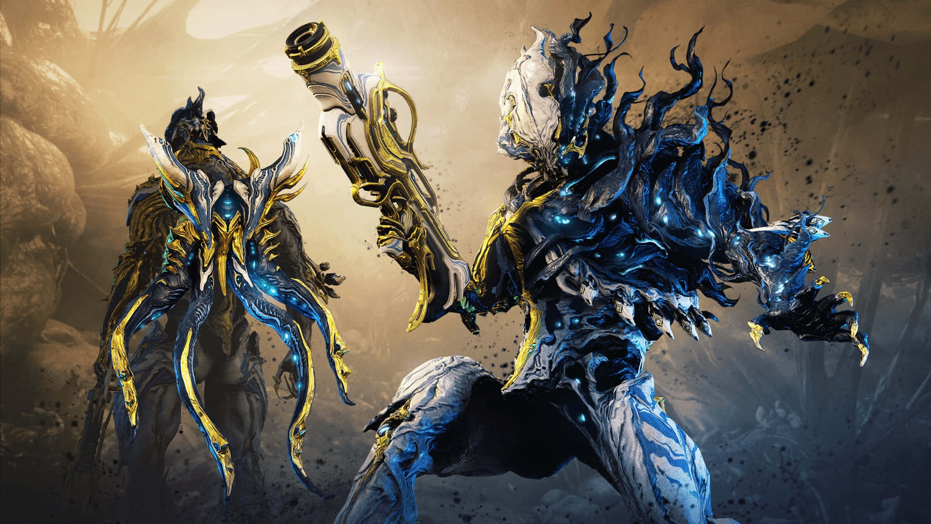 Nidus Warframe, blue and gold energy effects, dusty rocky landscape, Full HD Desktop Wallpaper
