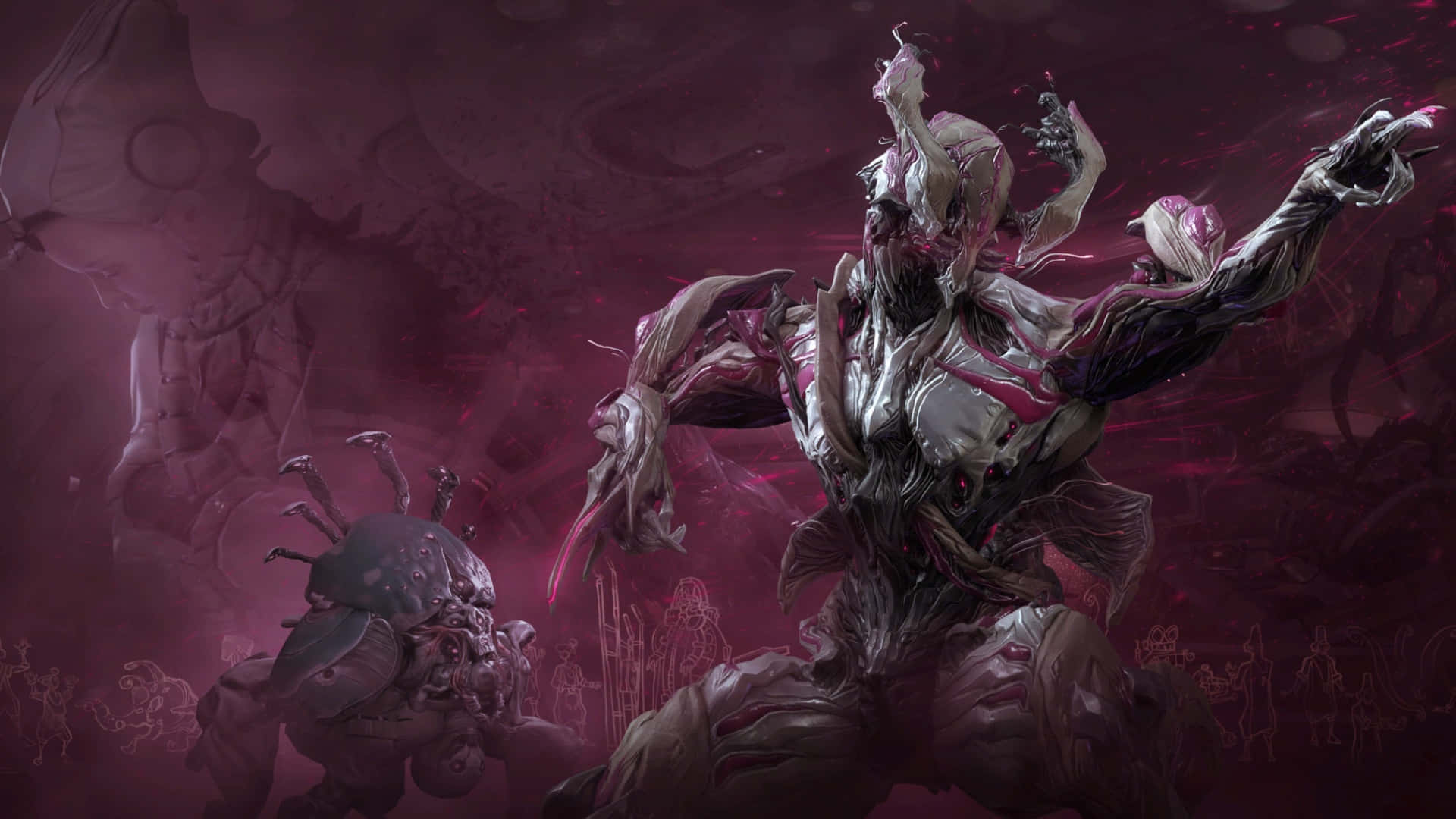 Nidus Warframe, glowing red eyes, dark purple alien battlefield, Full HD Desktop Wallpaper