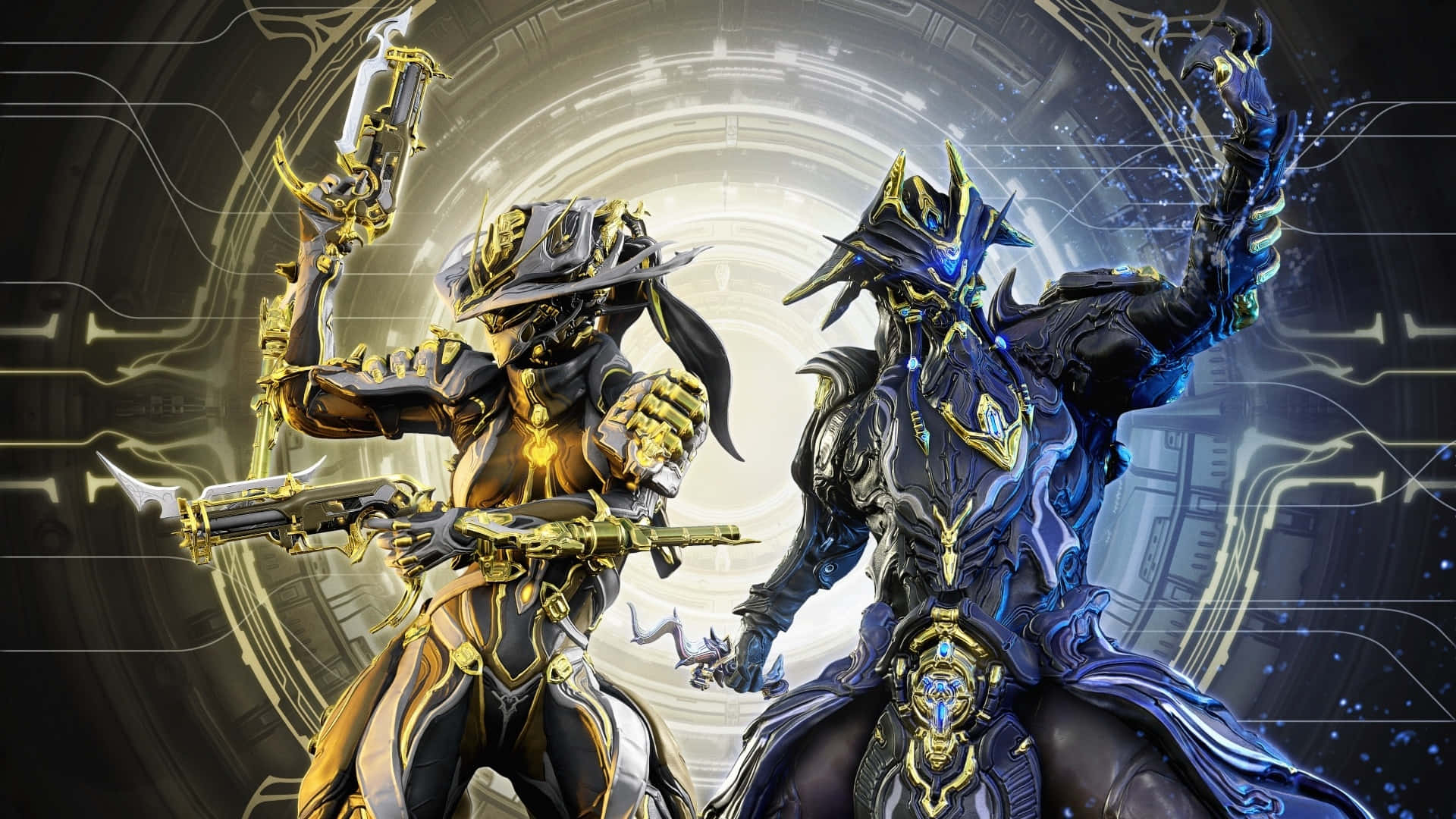 Nidus Warframe, gold and blue futuristic armor, glowing circular interface backdrop, Full HD Desktop Wallpaper
