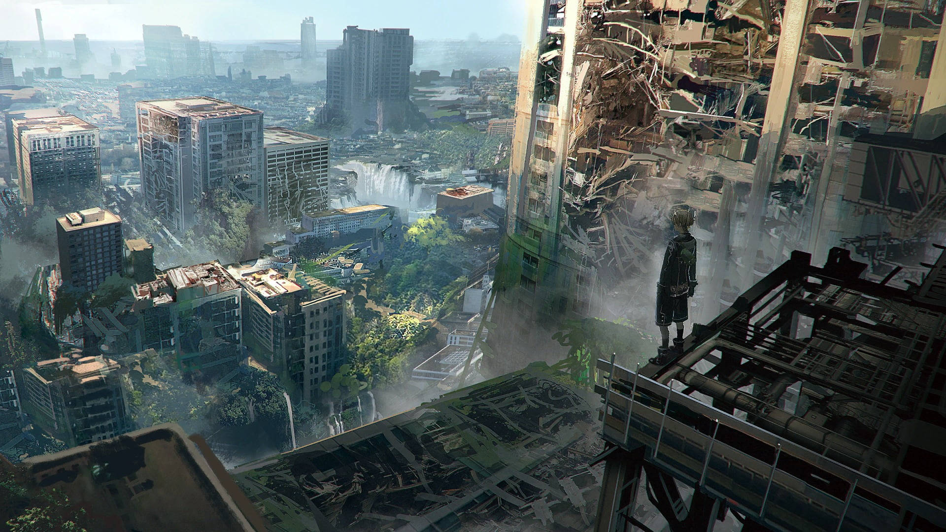 Nier Automata 4K, wrecked city, ruined skyscraper, Full HD Desktop Wallpaper