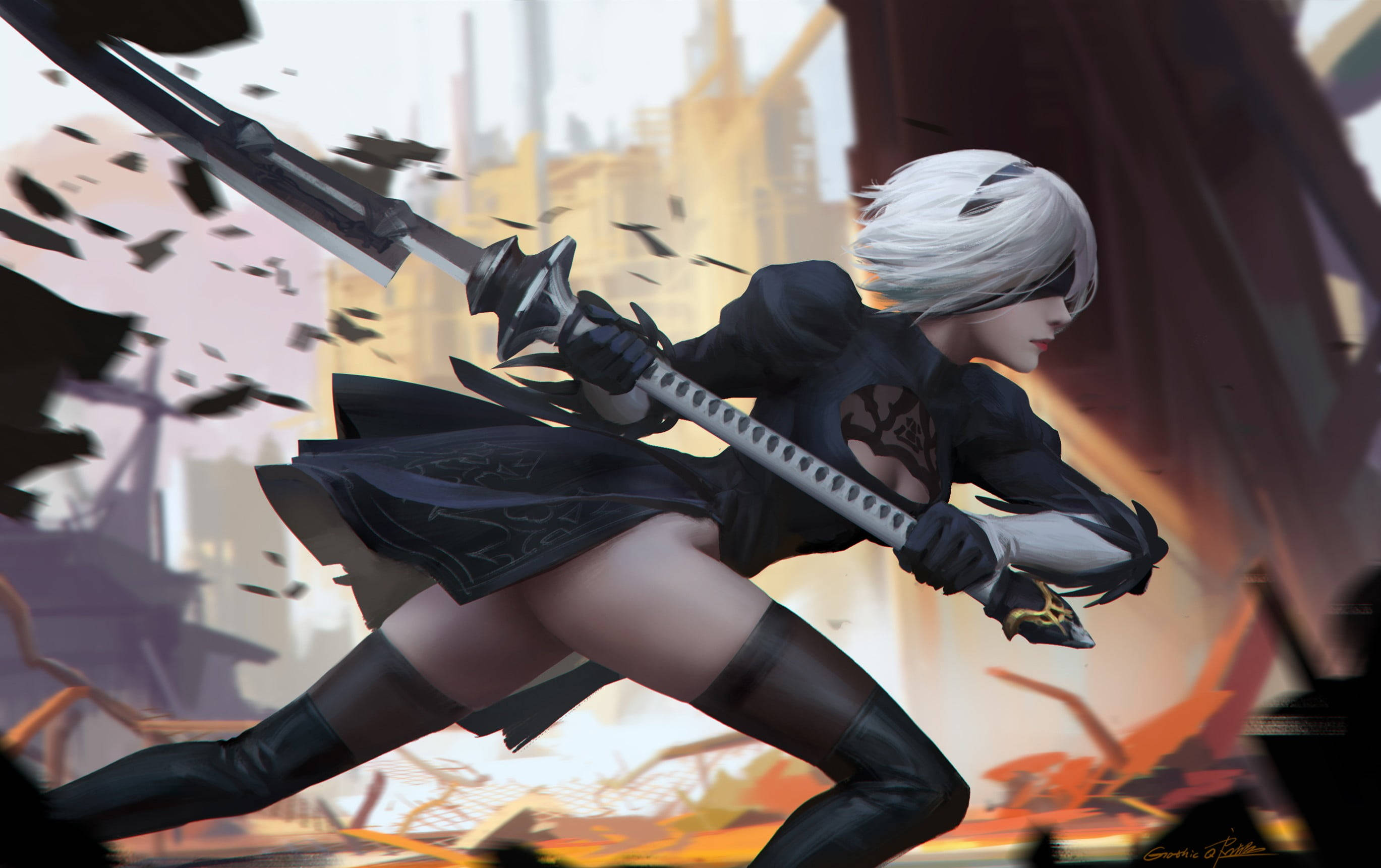 Nier Automata 4K, spear, white-haired anime warrior, 2K Desktop Wallpaper