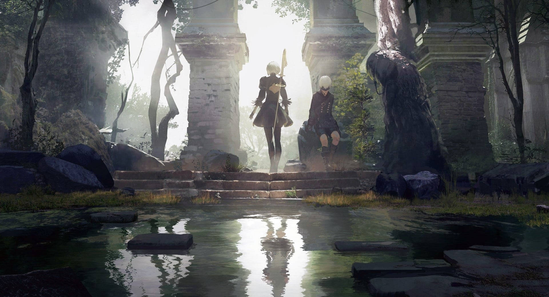 Nier Automata 4K, secret meeting, stone steps, Full HD Desktop Wallpaper