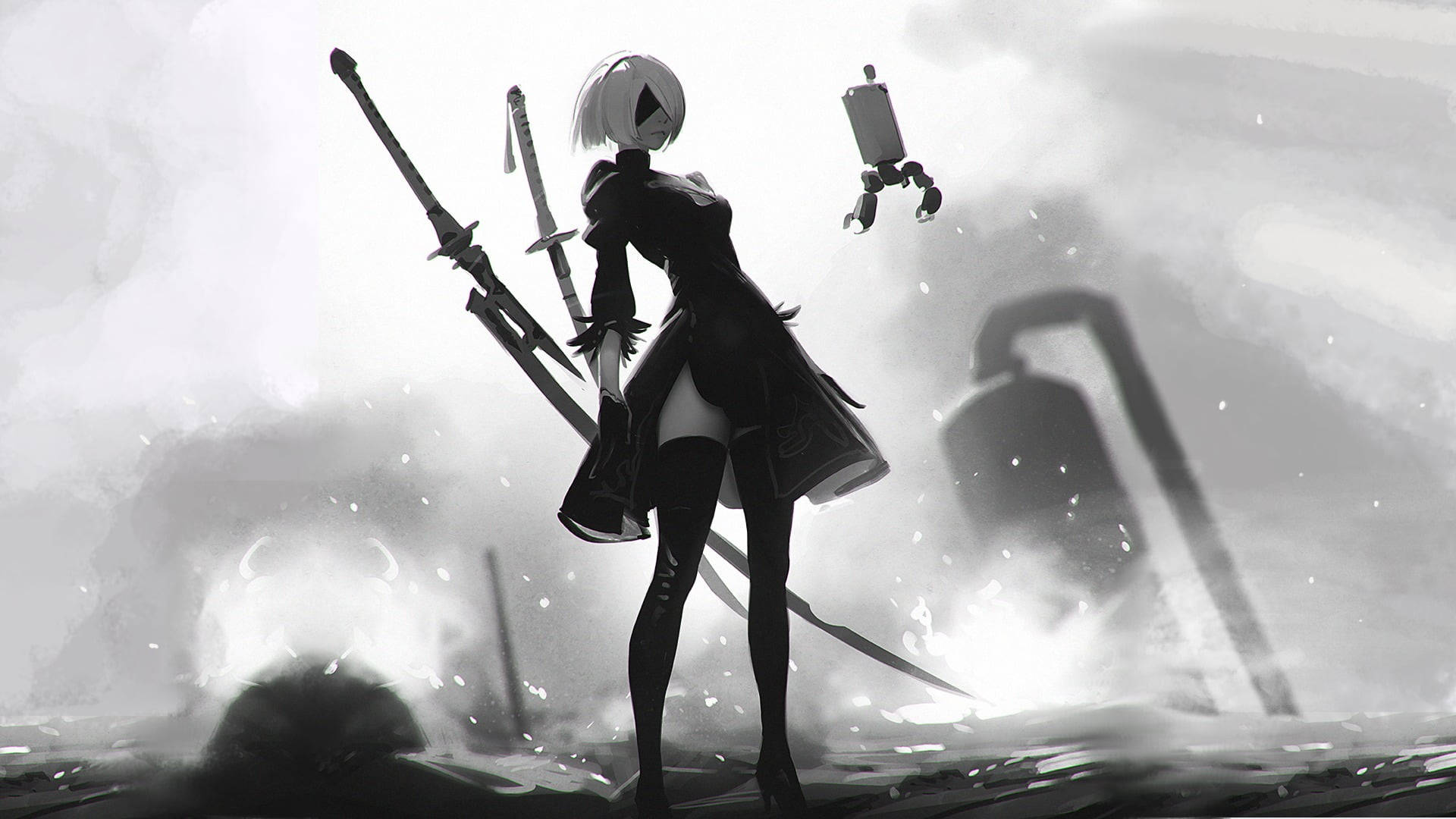 Nier Automata 4K, two swords, monochrome anime girl, Full HD Desktop Wallpaper
