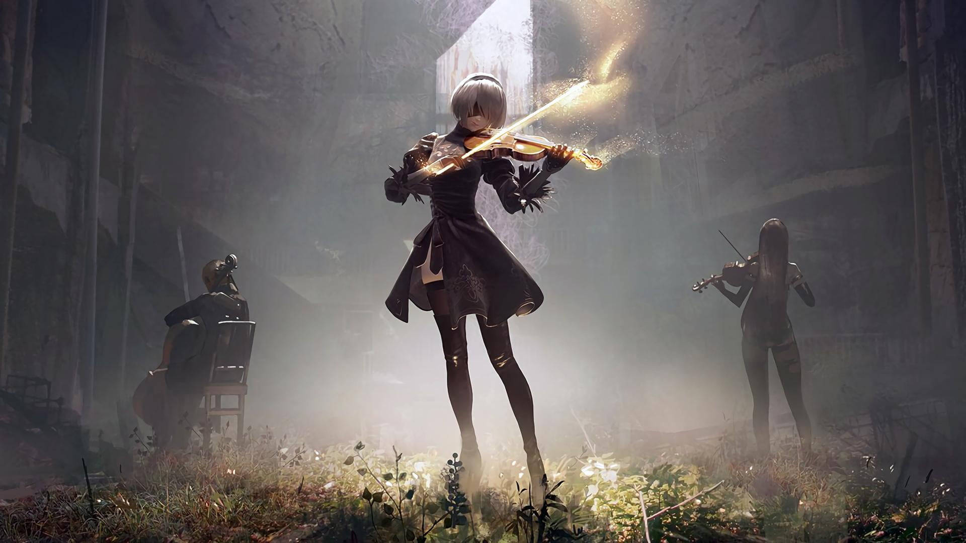 Nier Automata 4K, violinist, ruined cathedral, Full HD Desktop Wallpaper