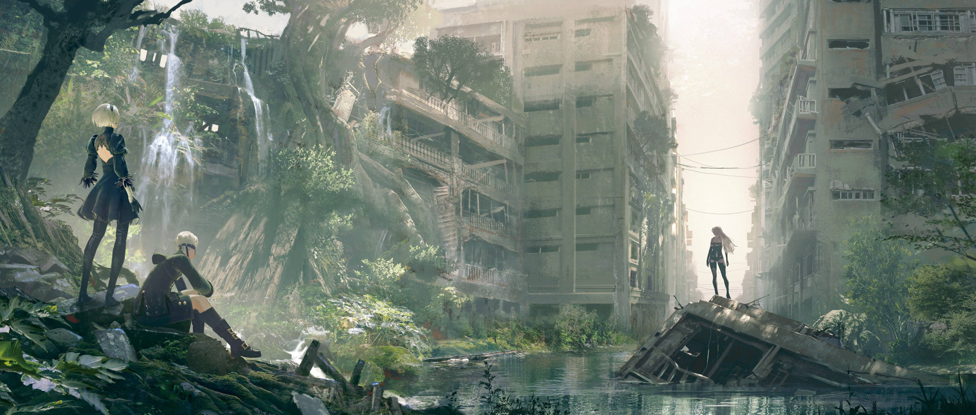 Nier Automata 4K, ruined city, waterfalls, 2K Desktop Wallpaper