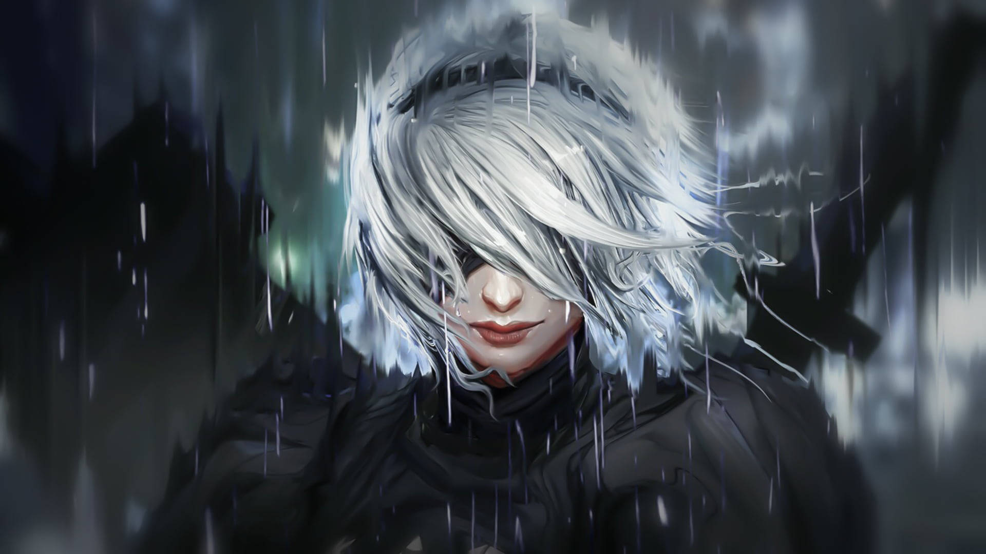 Nier Automata 4K, rain, silver-haired anime woman, Full HD Desktop Wallpaper