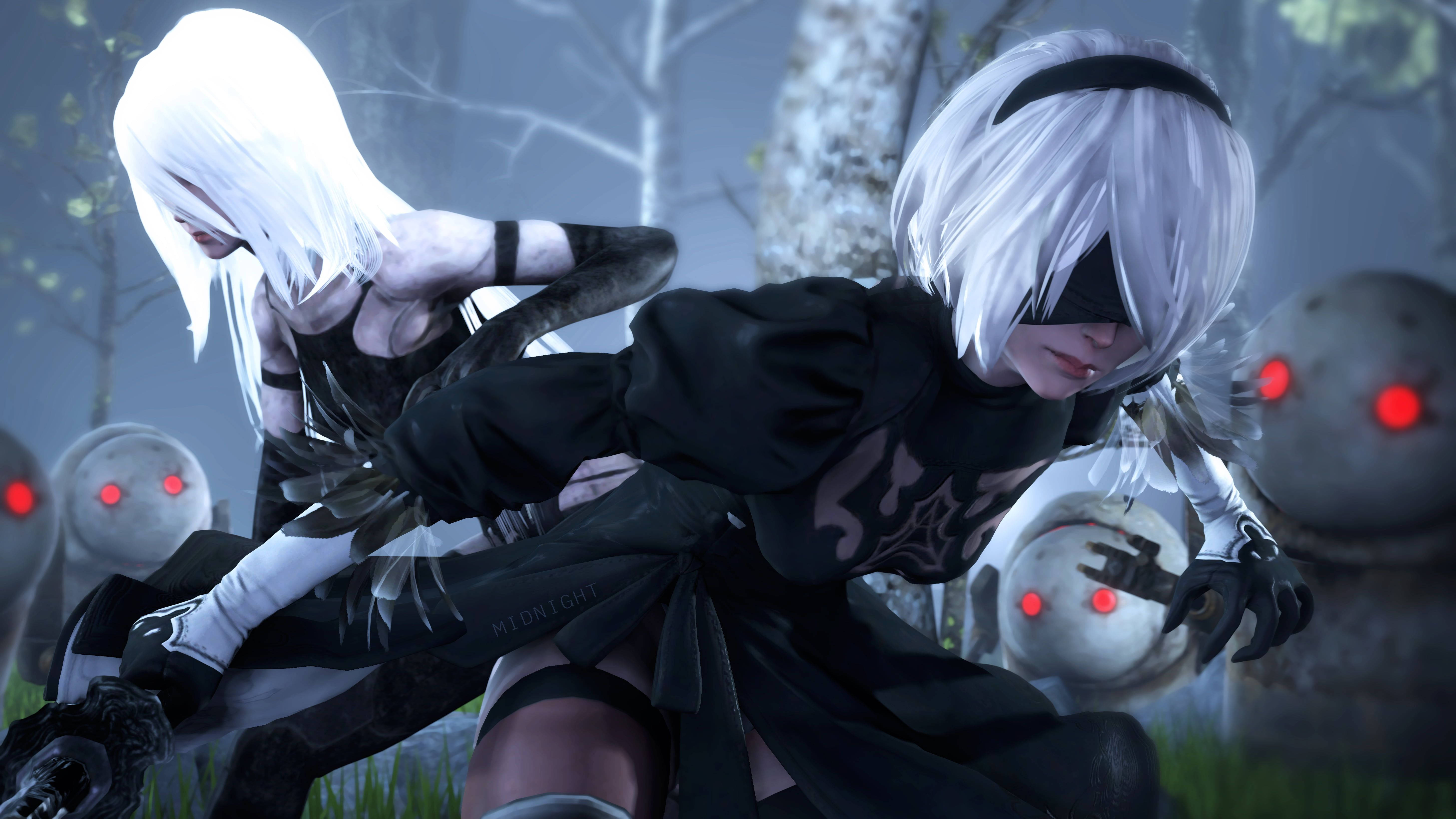 Nier Automata, white-haired anime girls, black outfits, 5K Desktop Wallpaper