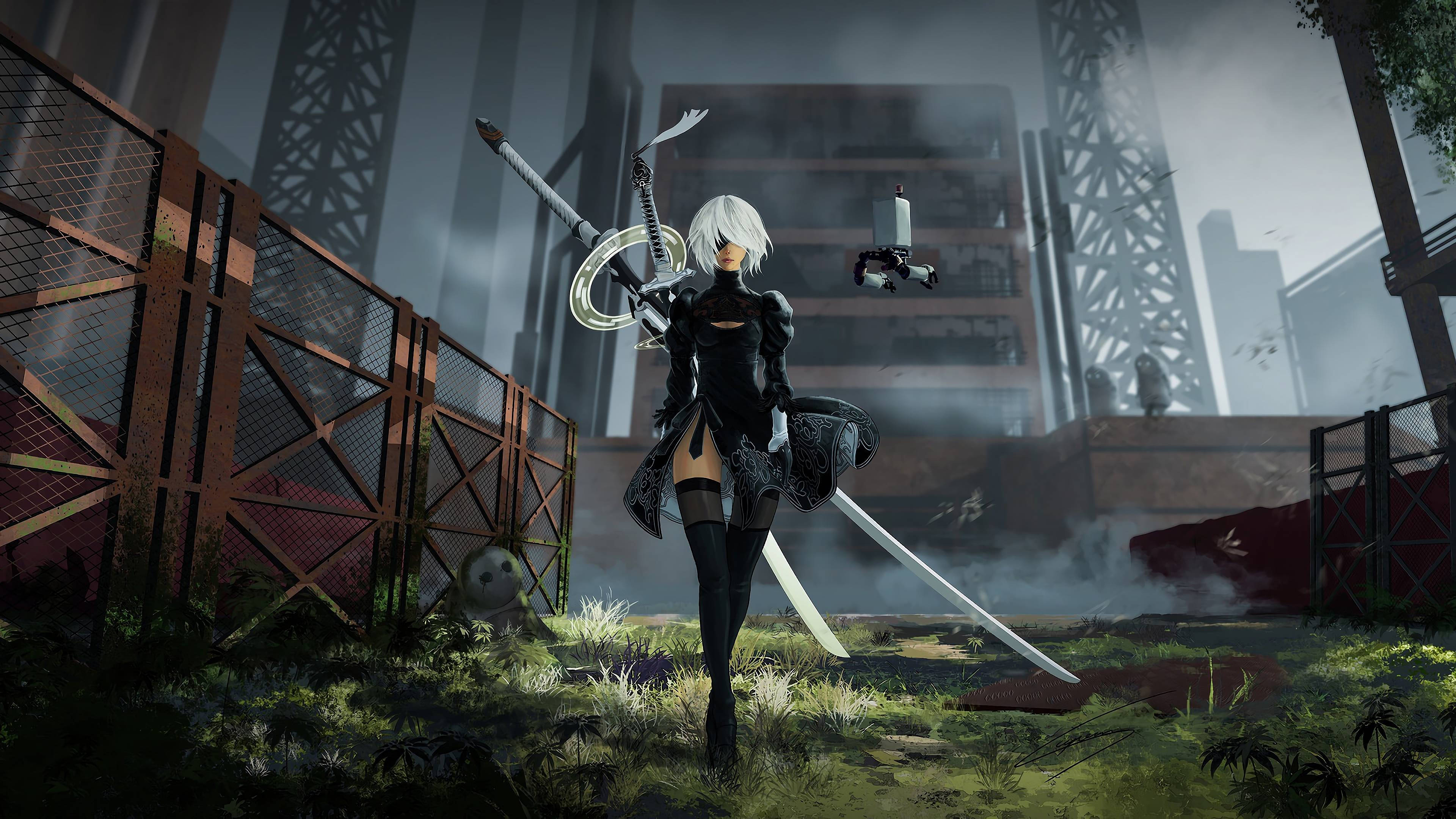2B, Nier Automata, ruined urban wasteland, 4K Desktop Wallpaper