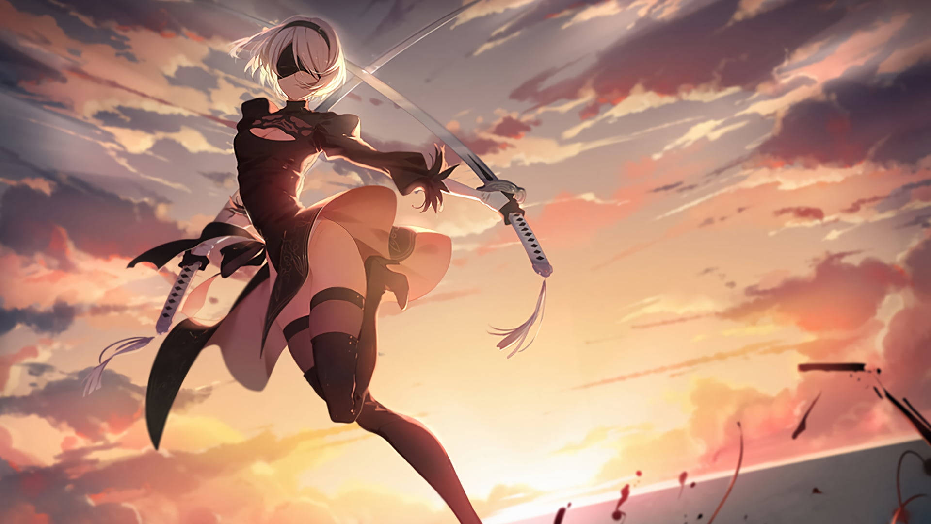 Nier Automata 4K, sunset, vibrant sunset sky, Full HD Desktop Wallpaper