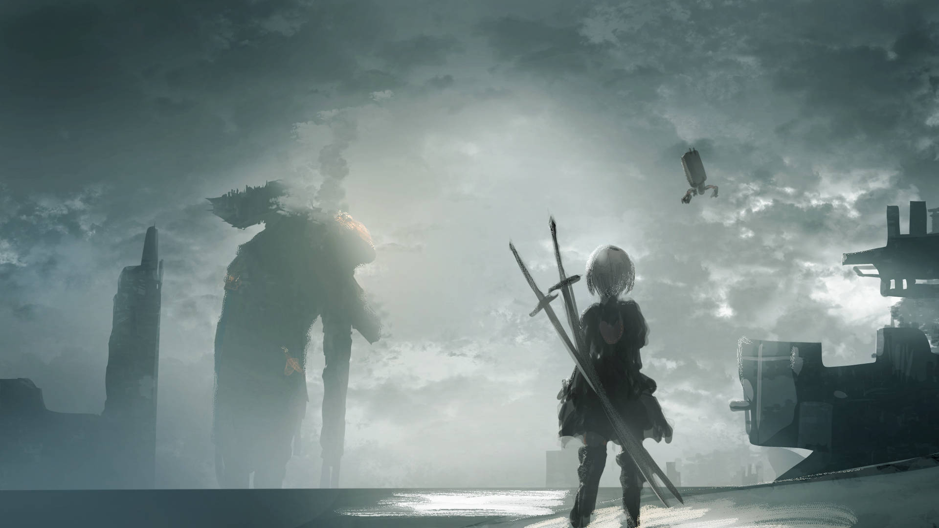 2B, Nier Automata, cloudy sky, Full HD Desktop Wallpaper
