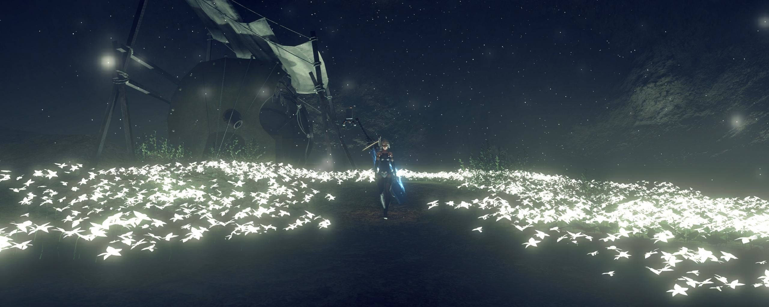 Nier Automata, 2B, glowing white butterflies, 2K Desktop Wallpaper