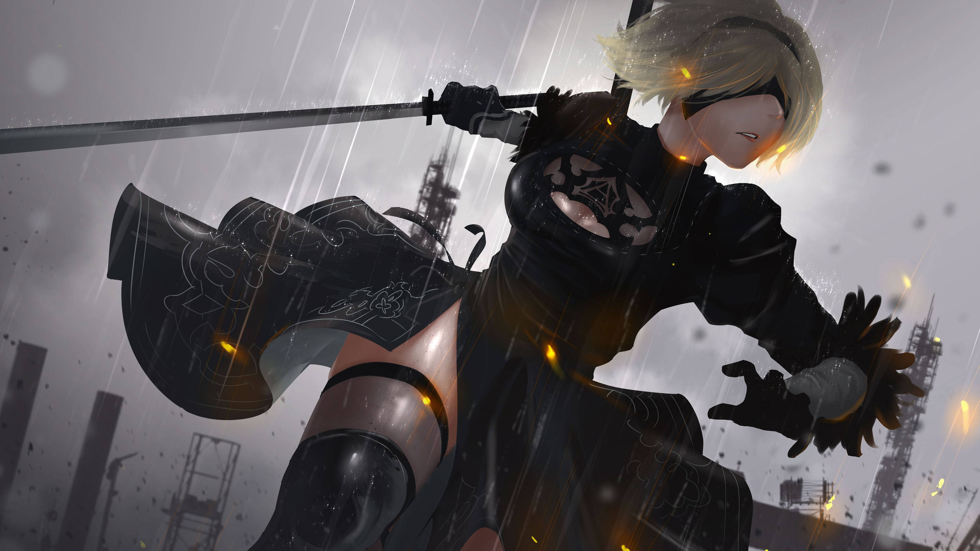 2B, Nier Automata, black armor, 4K Desktop Wallpaper