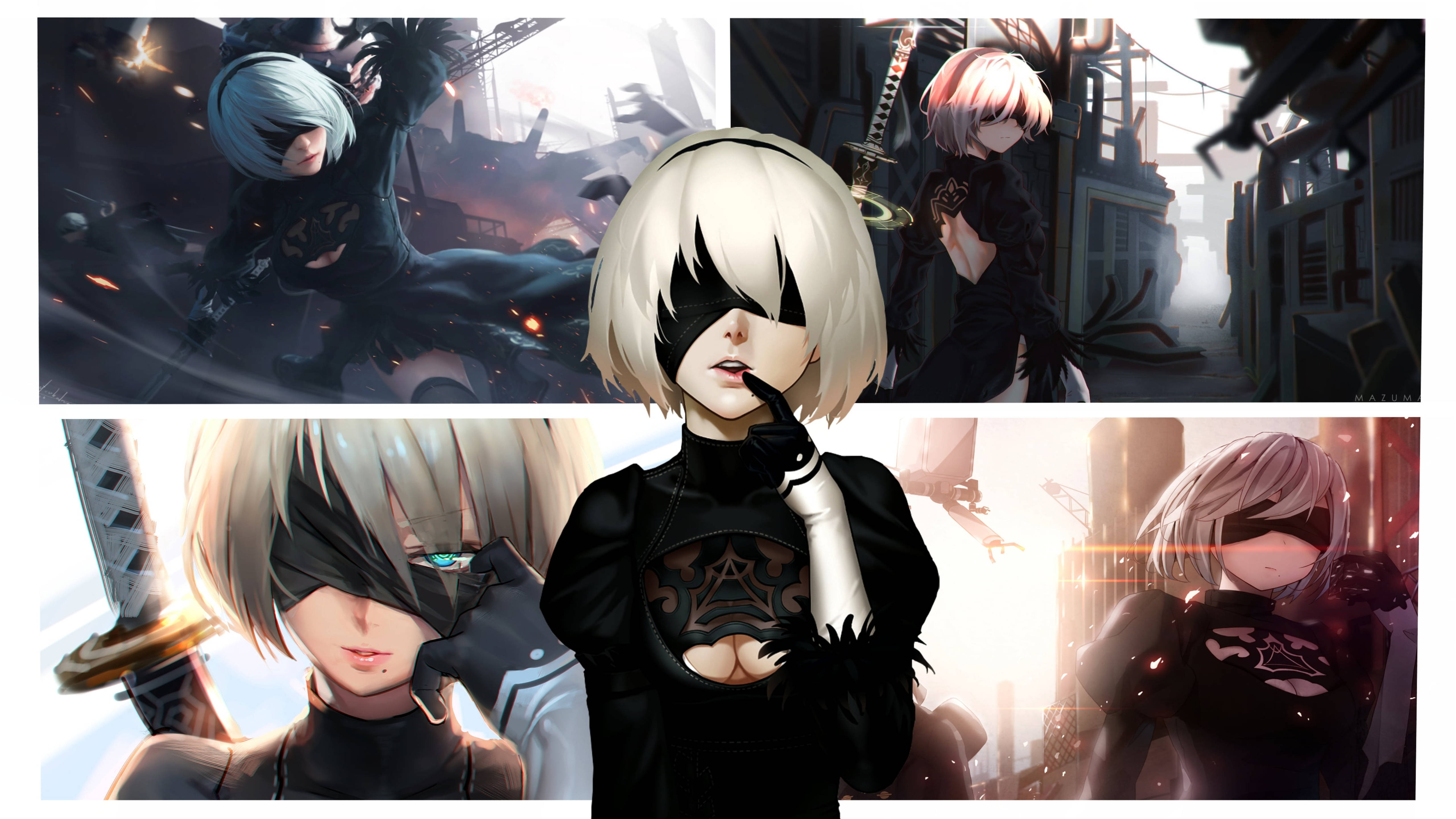 2B, NieR:Automata, futuristic weapons, 5K Desktop Wallpaper