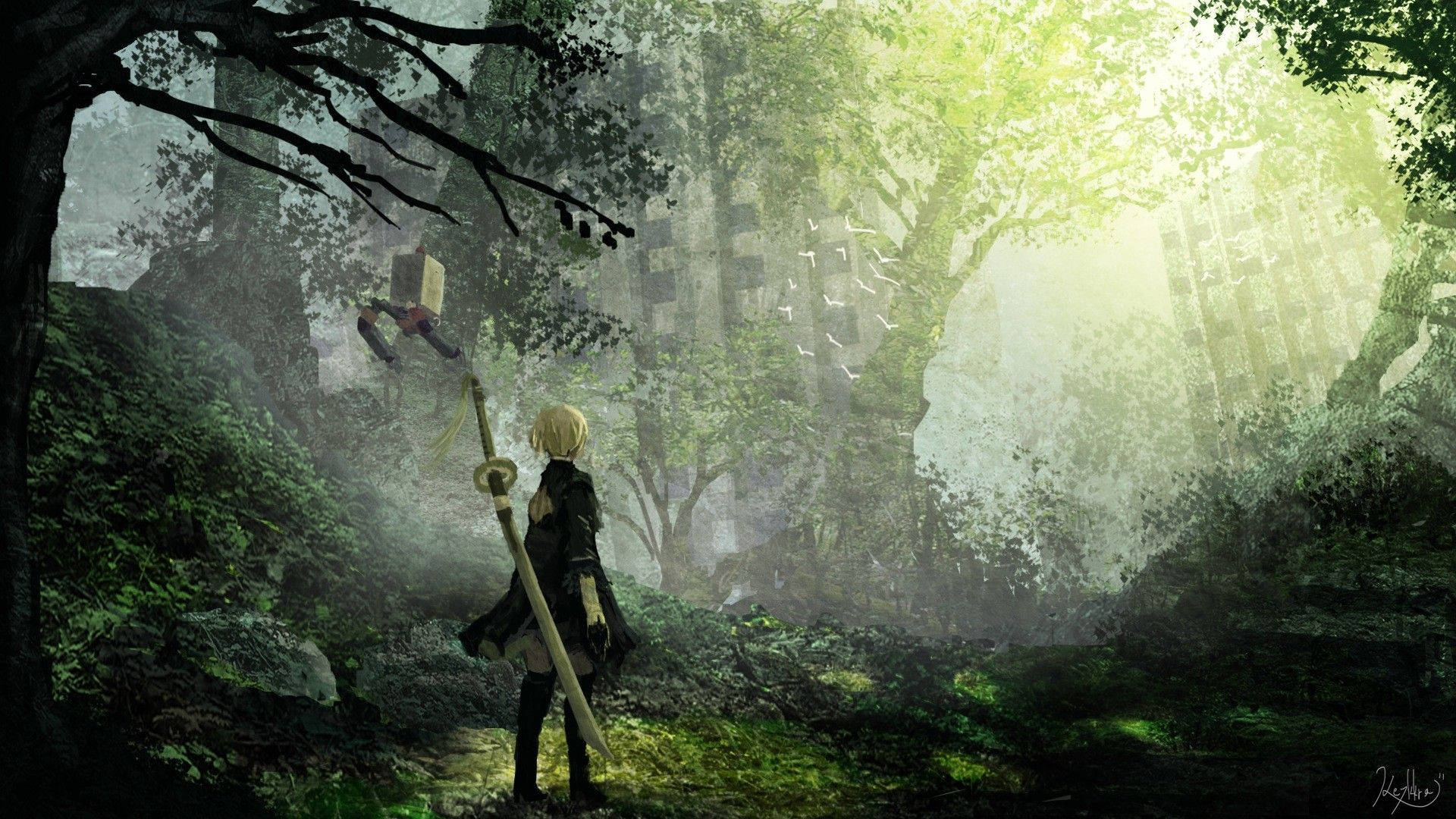 Nier Automata, 2B, forest, Full HD Desktop Wallpaper