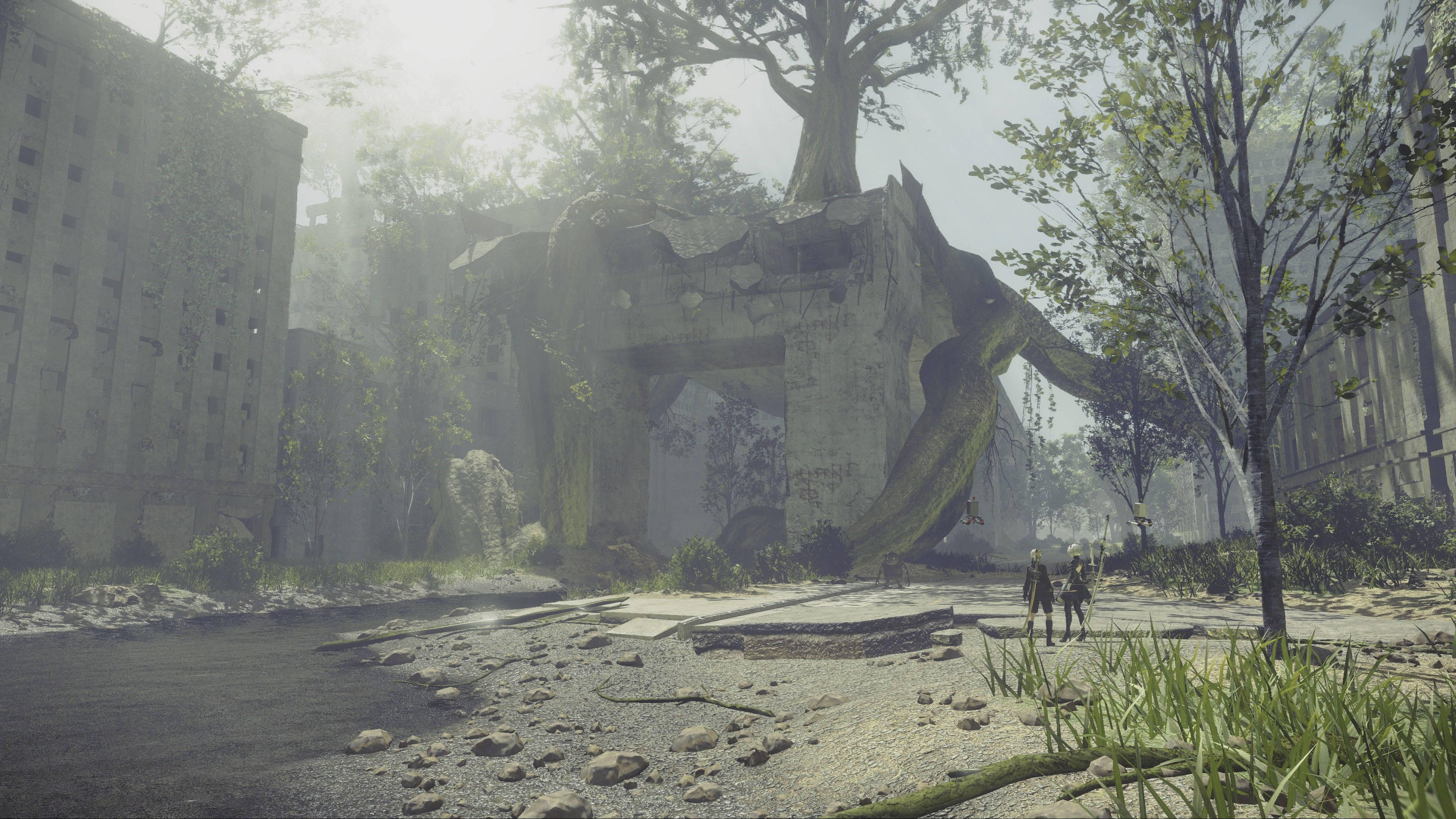 Nier Automata, misty overgrown cityscape, colossal trees, 4K Desktop Wallpaper