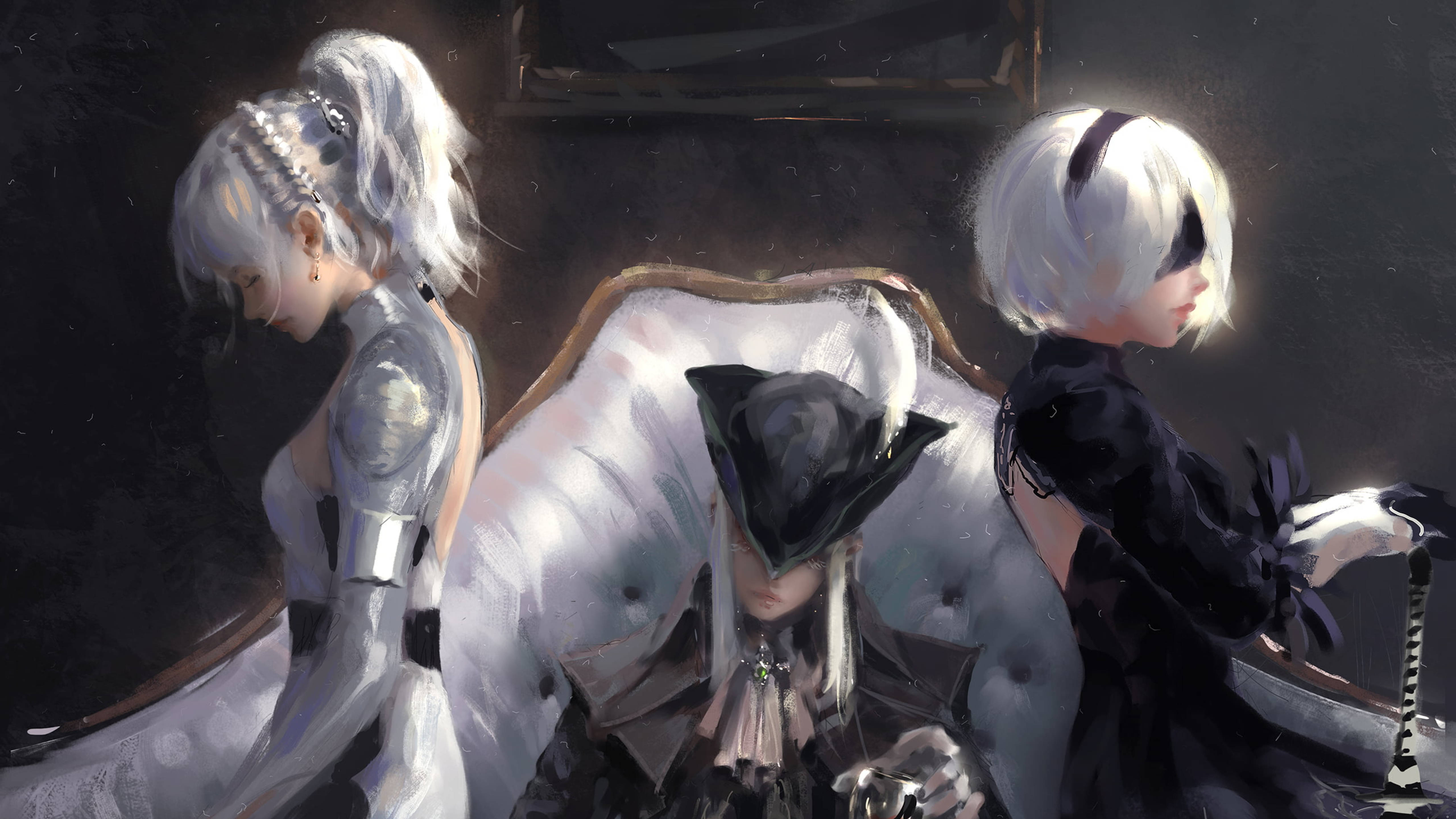 Nier Automata, 2B, white hair, 5K Desktop Wallpaper
