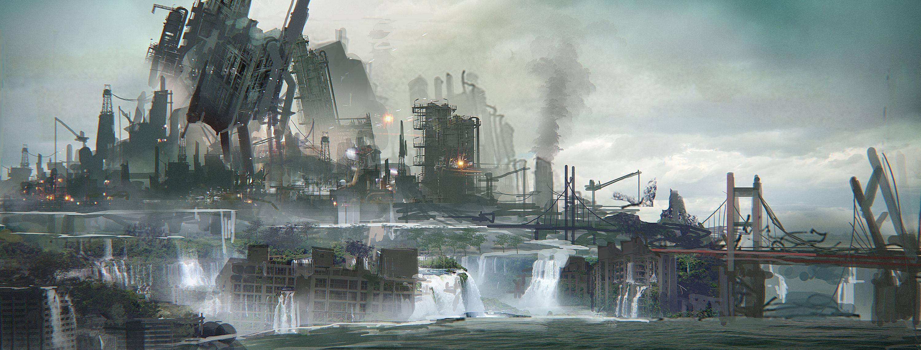 Nier Automata, ruined city, crumbling skyscrapers, 2K Desktop Wallpaper