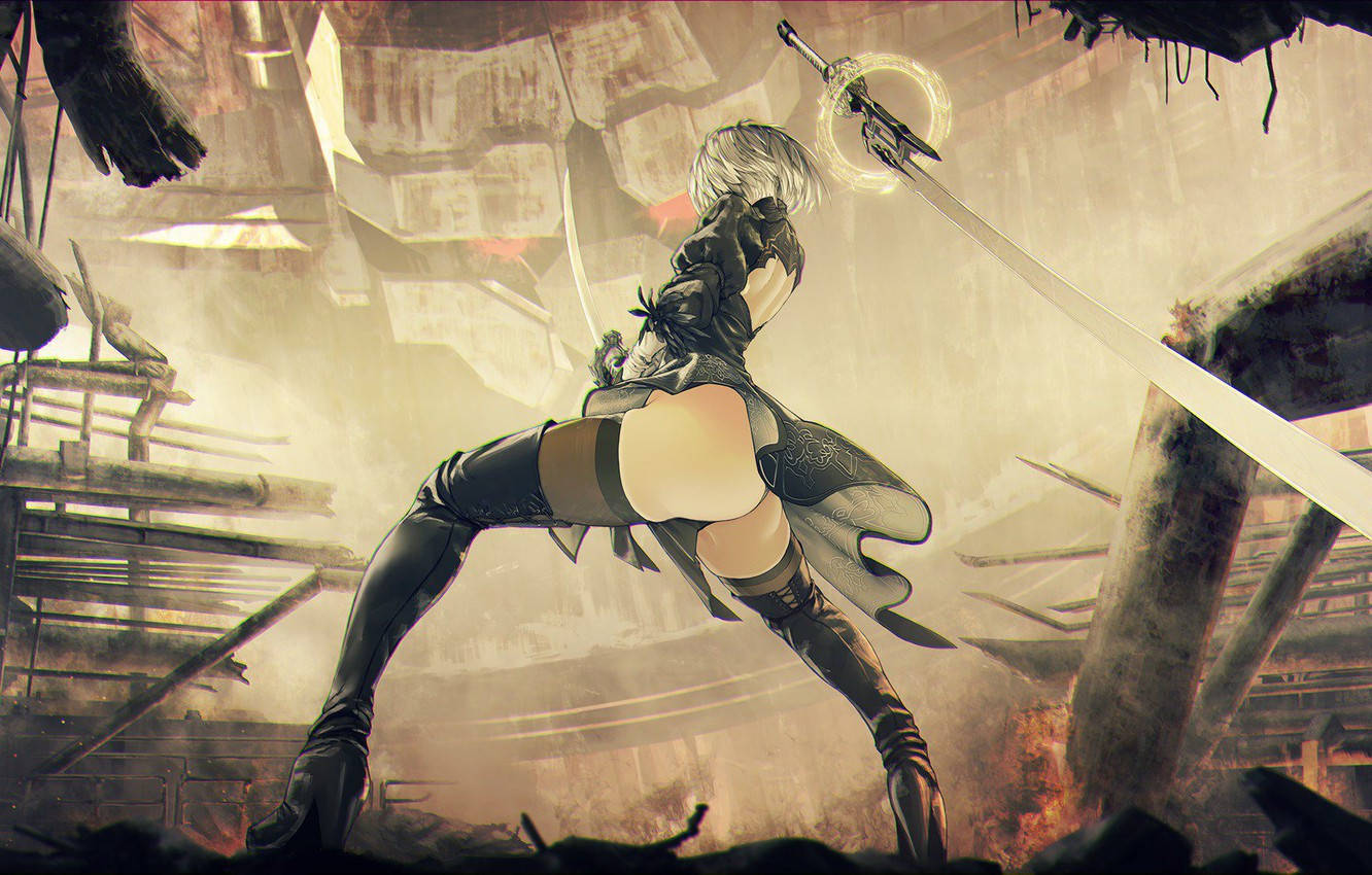 2B, cyberpunk warrior, short white hair, HD Desktop Wallpaper