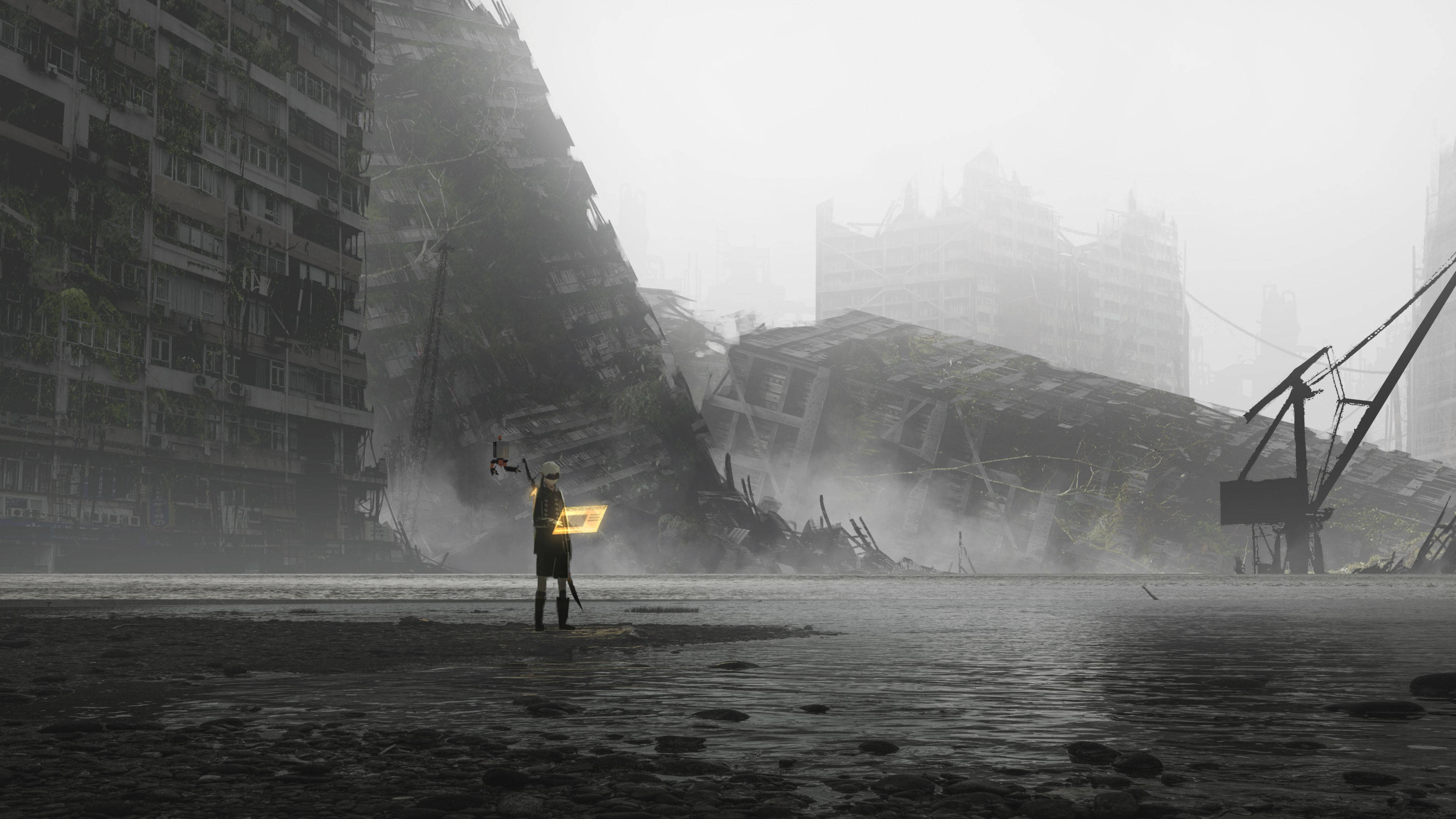 Nier Automata, ruined city, flooded urban ruin, 4K Desktop Wallpaper