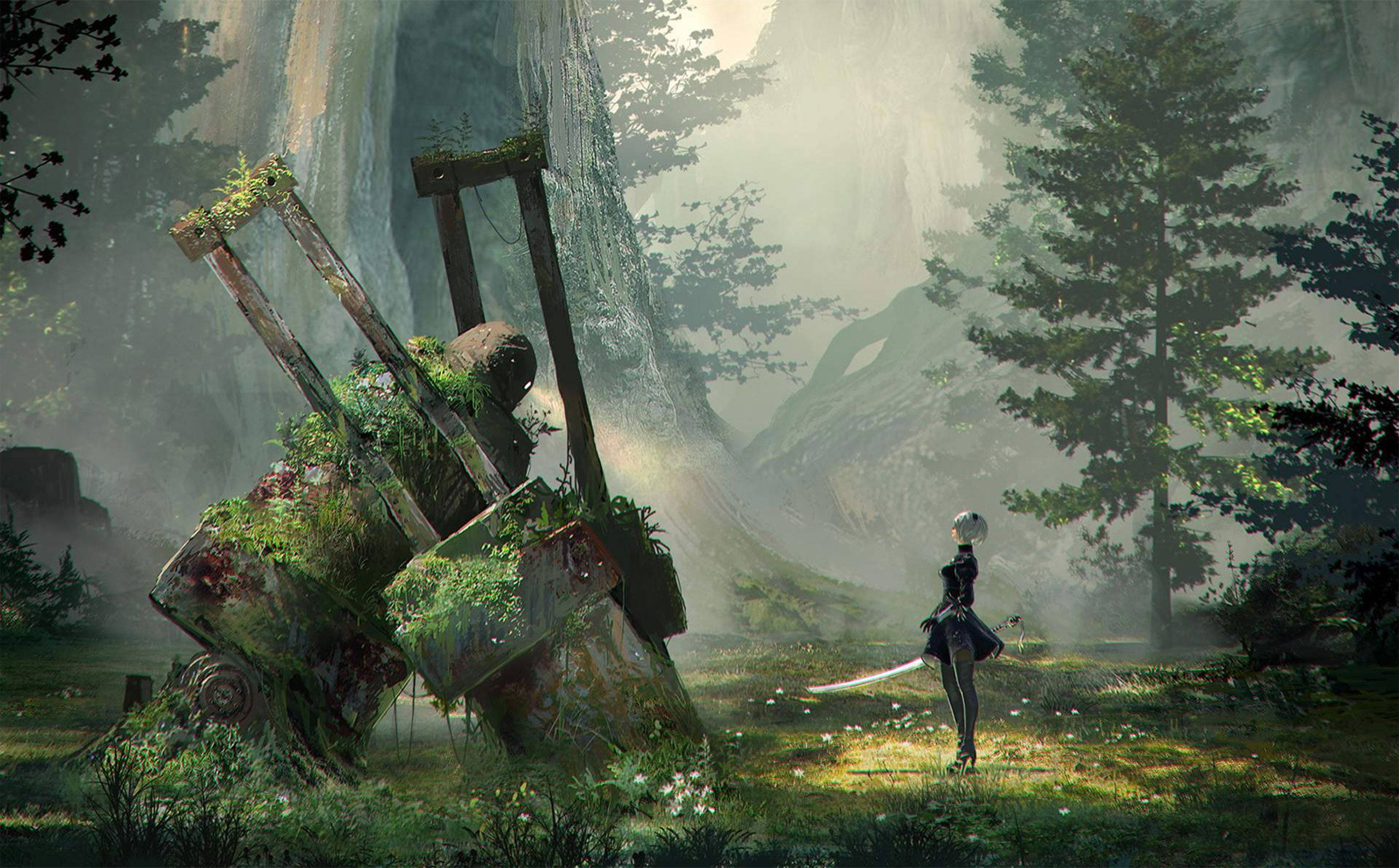 Nier Automata, 2B, moss-covered forklift, 2K Desktop Wallpaper