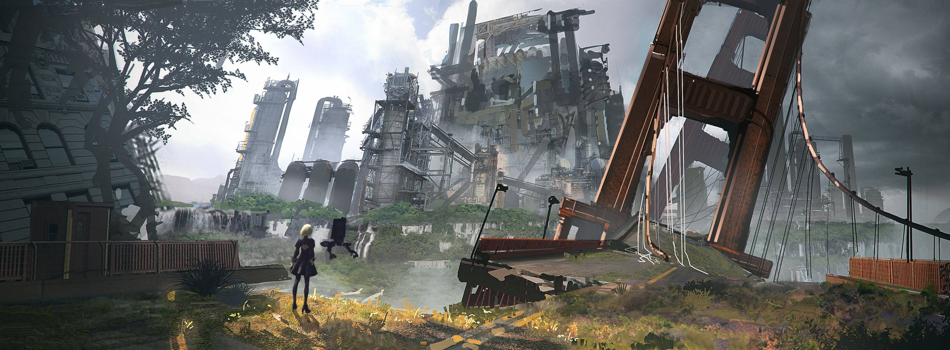 Nier Automata, ruined city, broken skyscrapers, 4K Desktop Wallpaper