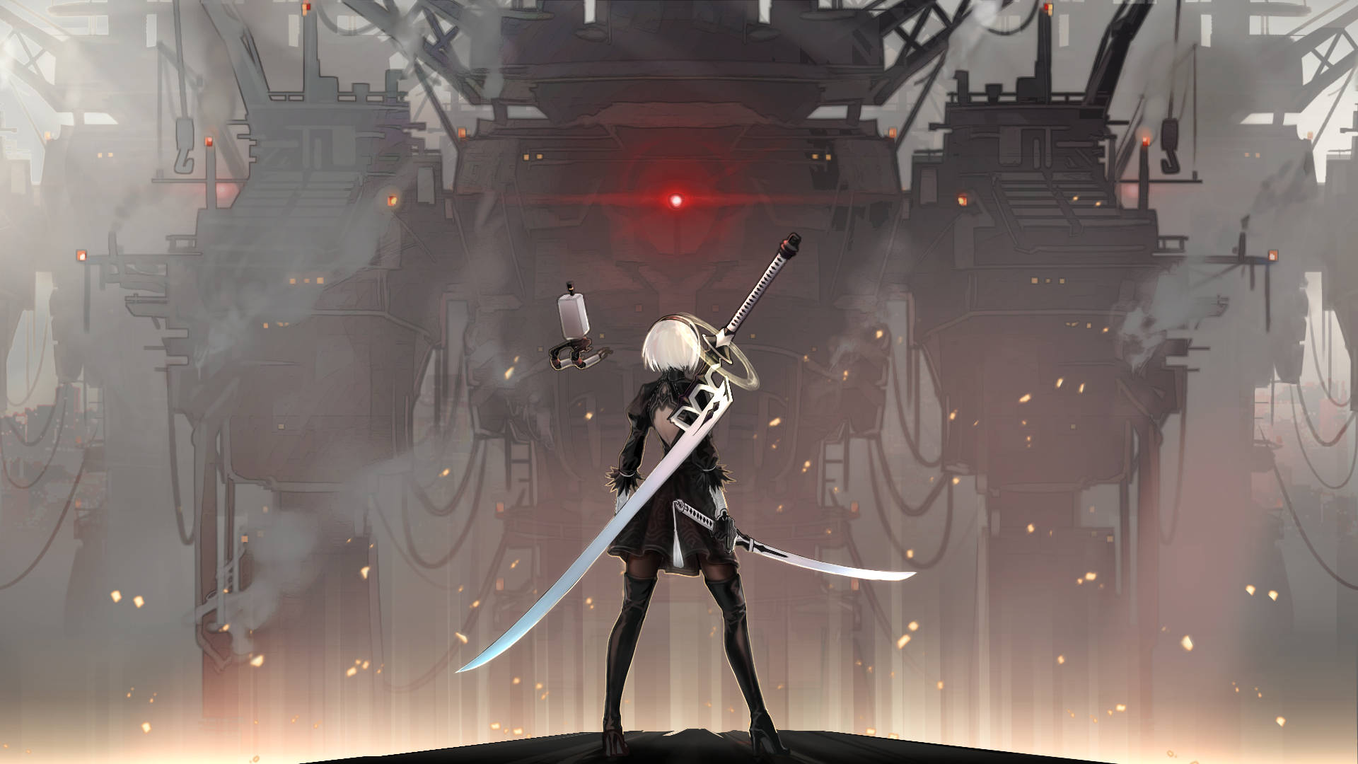 Nier Automata, 2B, white-haired anime warrior, Full HD Desktop Wallpaper