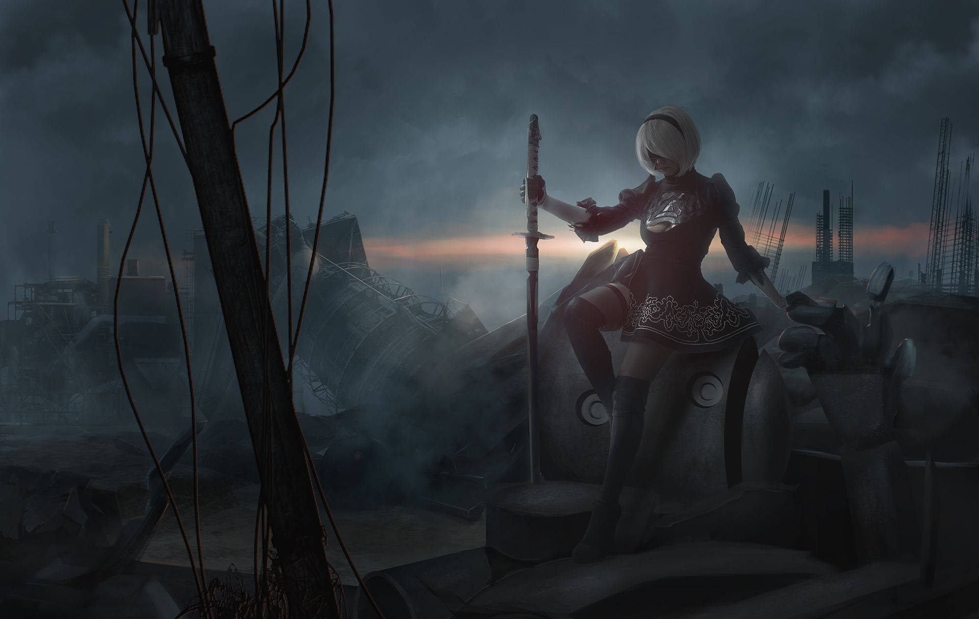 Nier Automata, 2B, sunset, Full HD Desktop Wallpaper