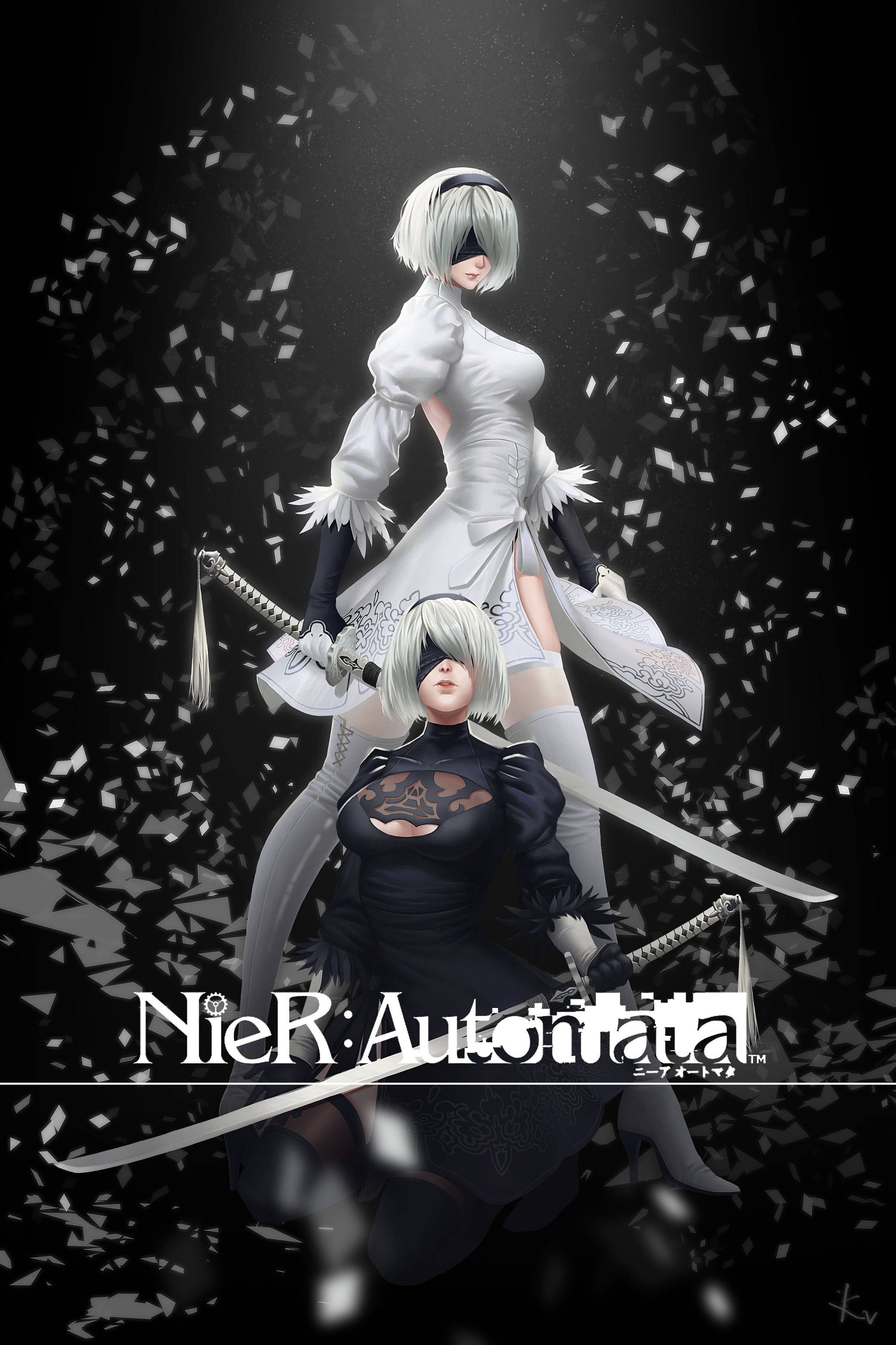 Nier Automata, 2B, white and black outfits, 2K Phone Wallpaper