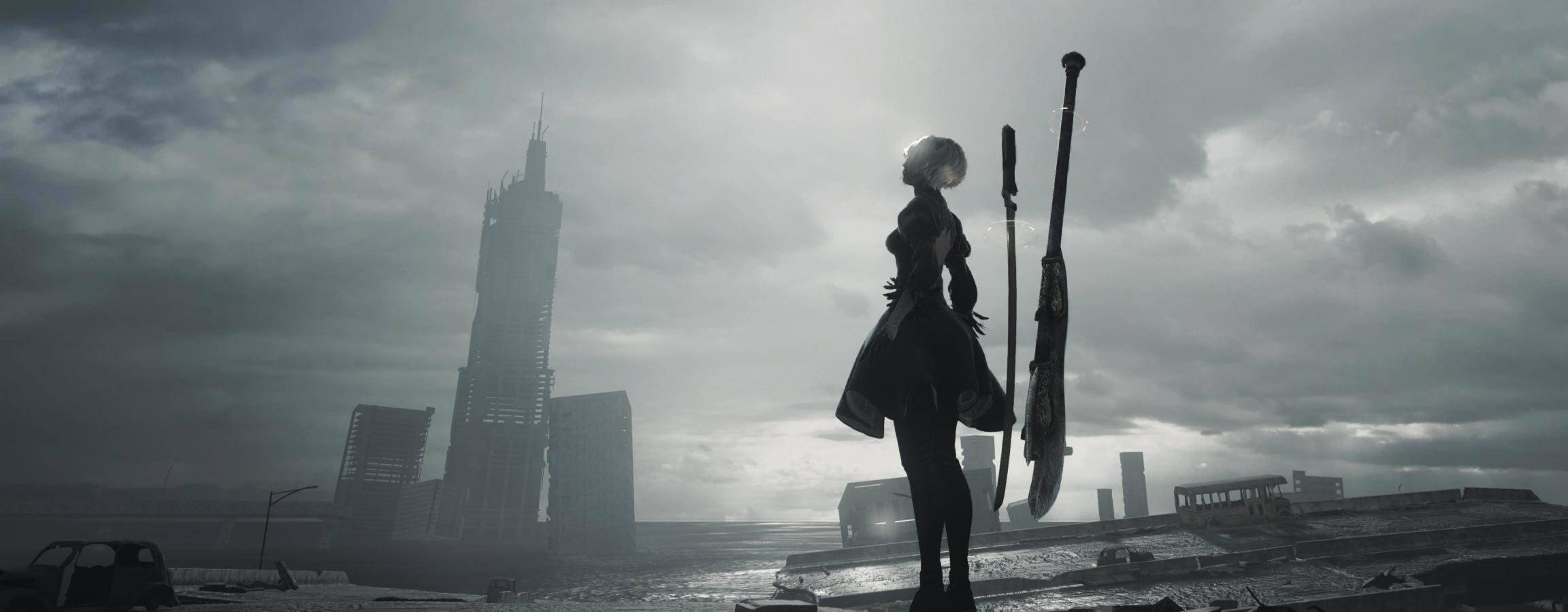 Nier Automata, anime girl, white hair, Full HD Desktop Wallpaper