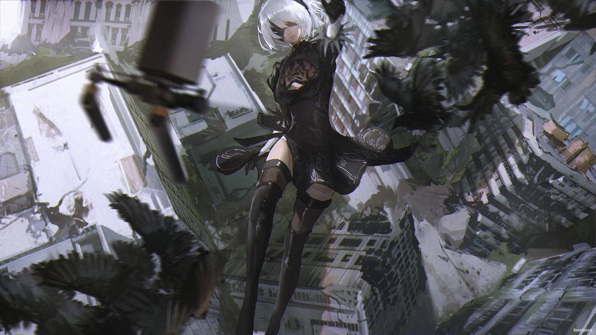 2B, Nier Automata, silver-haired, Full HD Desktop Wallpaper