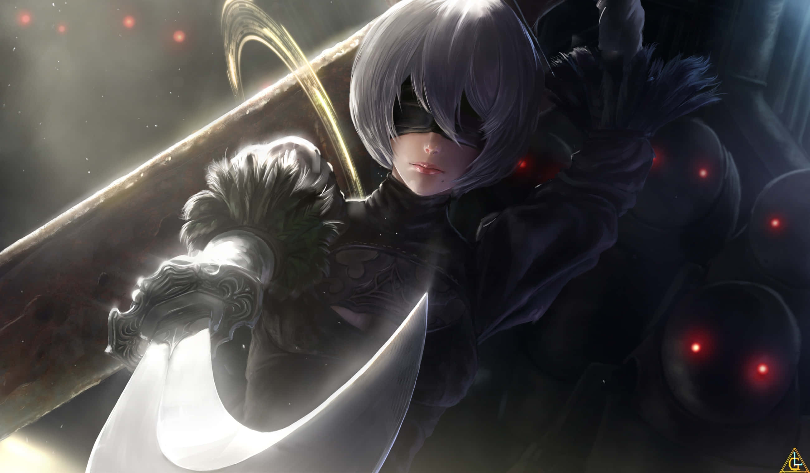 Nier Automata, silver-haired anime warrior, glowing curved blade, 2K Desktop Wallpaper