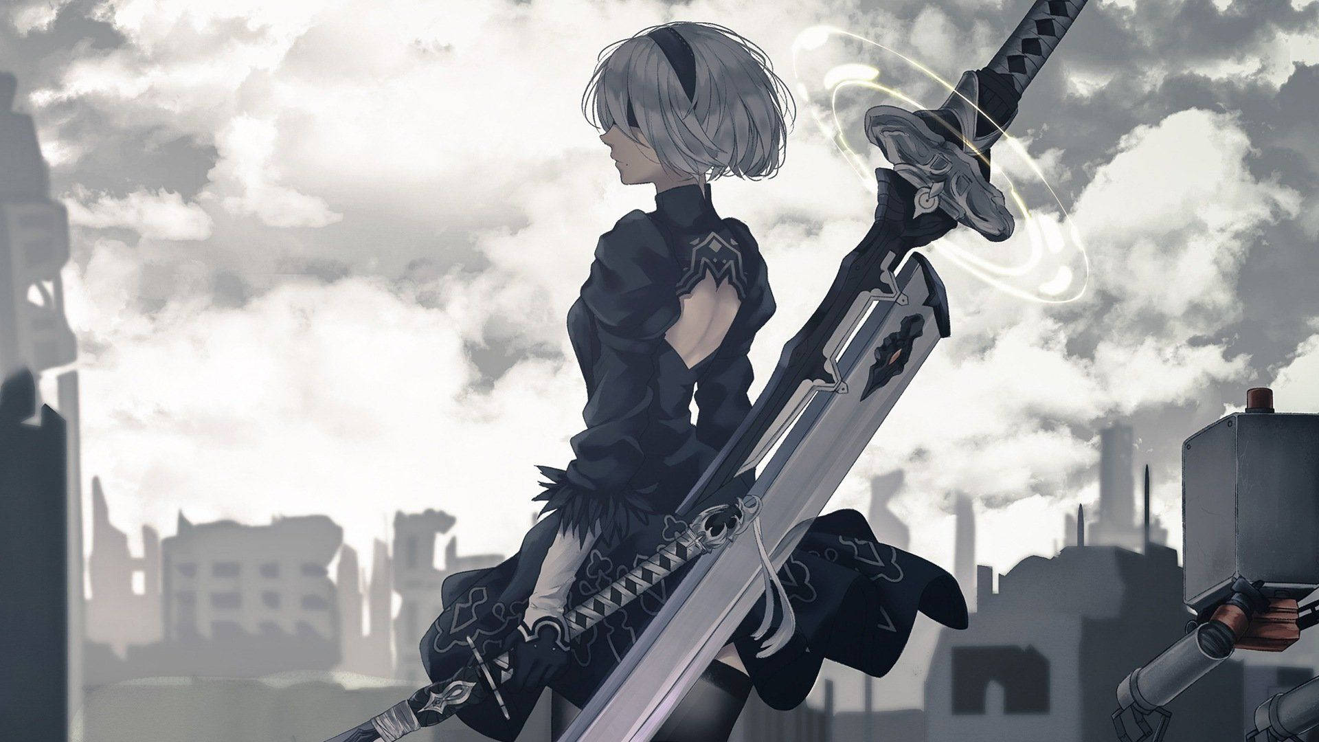 2b, NieR: Automata, silver-haired, Full HD Desktop Wallpaper
