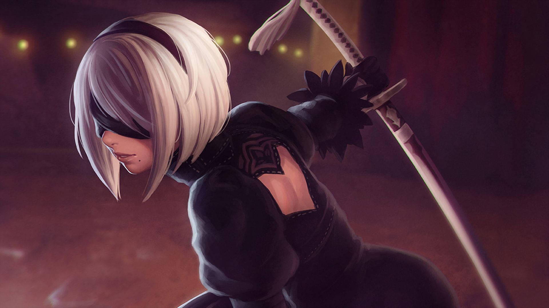 NieR Automata, 2b, white bob hair, Full HD Desktop Wallpaper