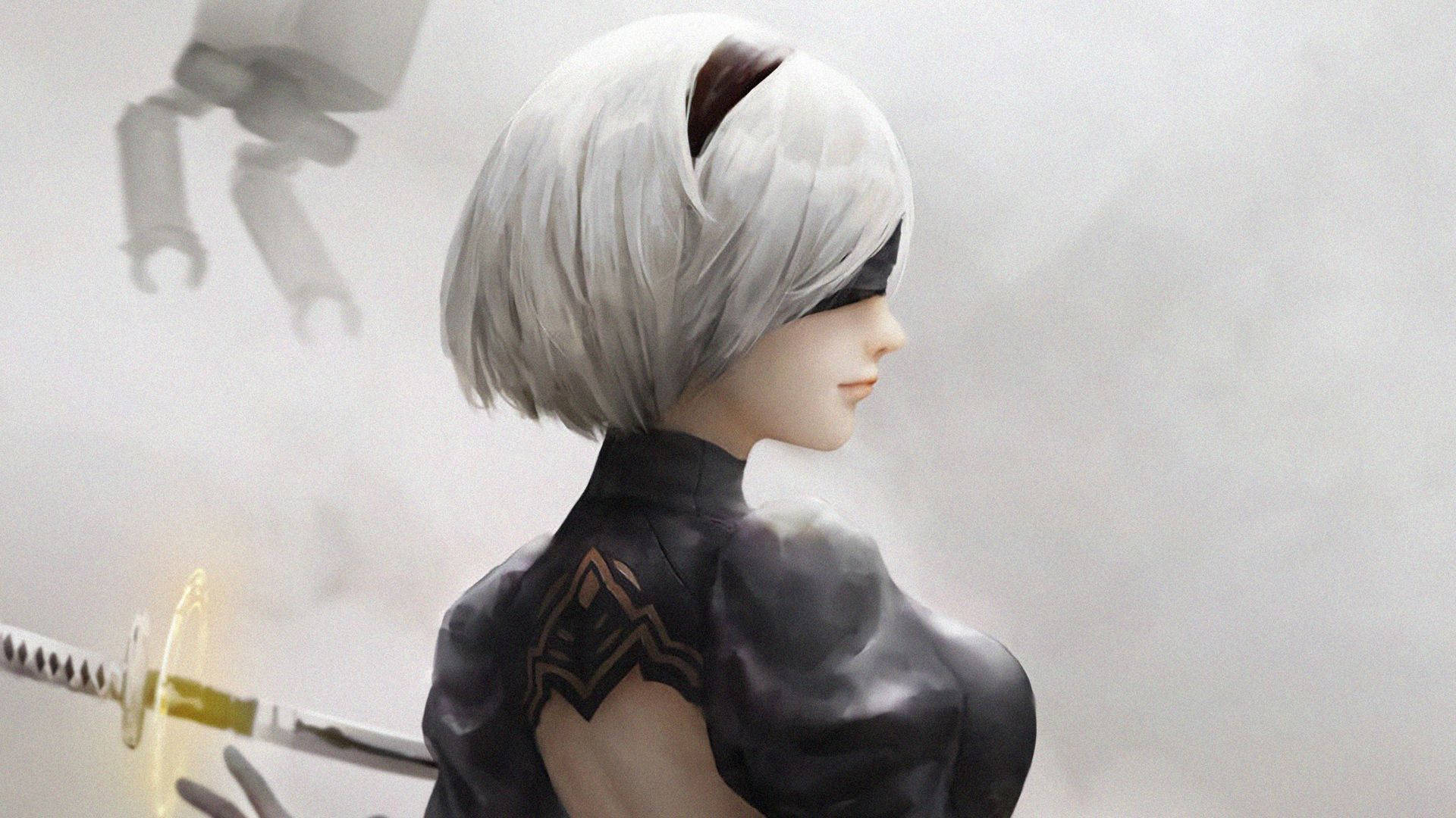 2b, NieR Automata, white bob hair, Full HD Desktop Wallpaper