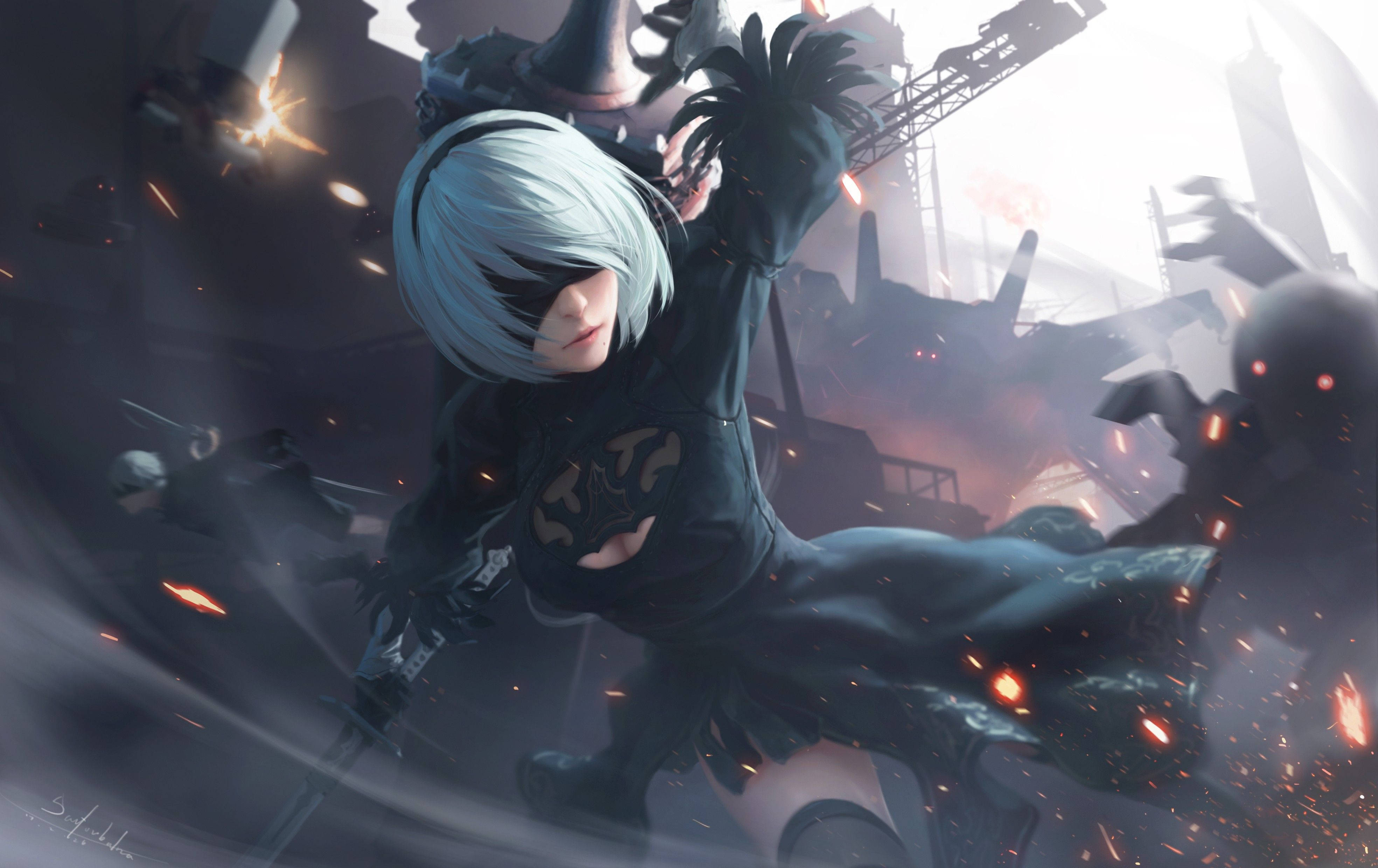NieR Automata, 2b, silver-haired, 4K Desktop Wallpaper