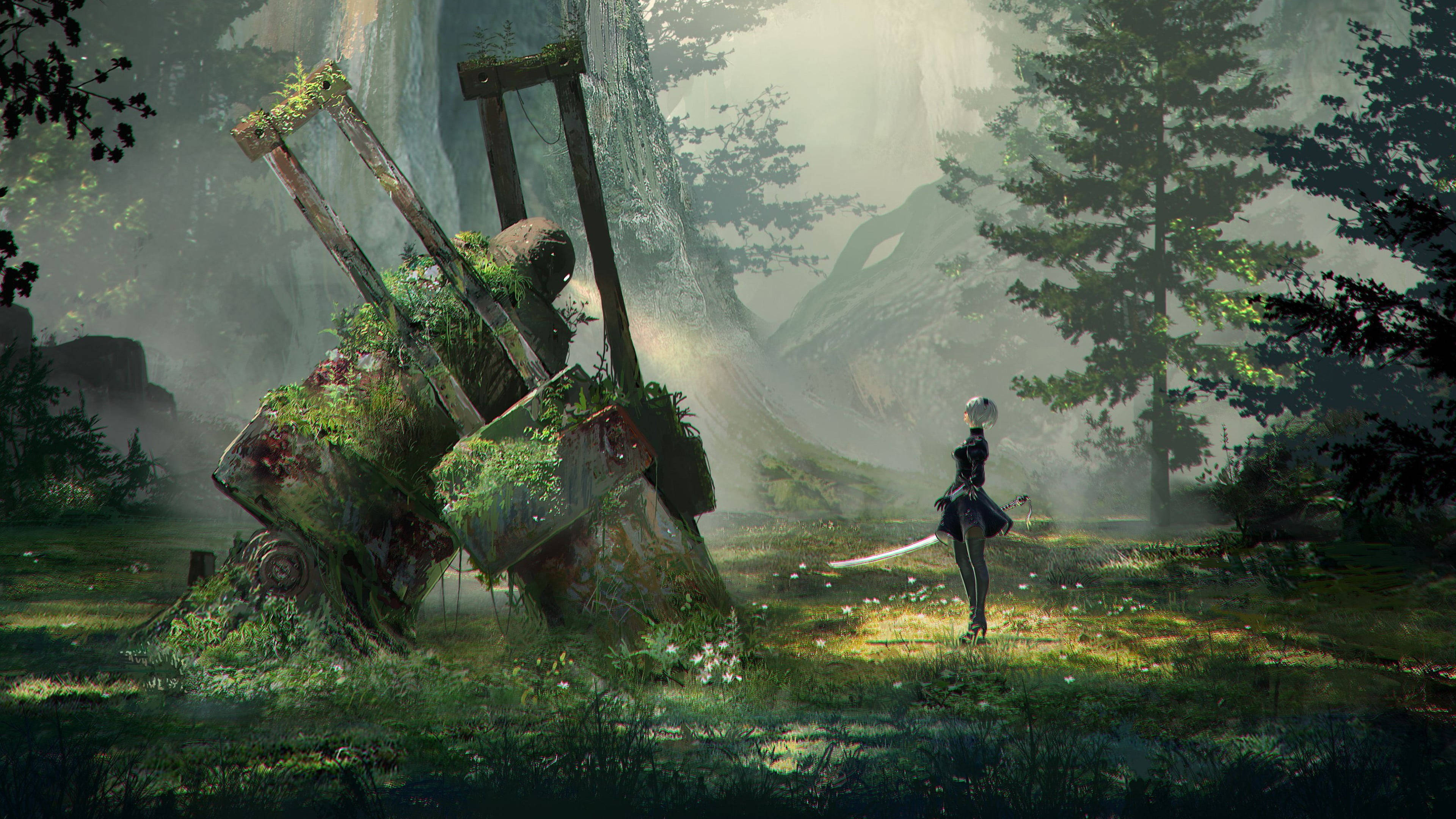 Nier Automata, 4K, moss-covered broken chair, 4K Desktop Wallpaper