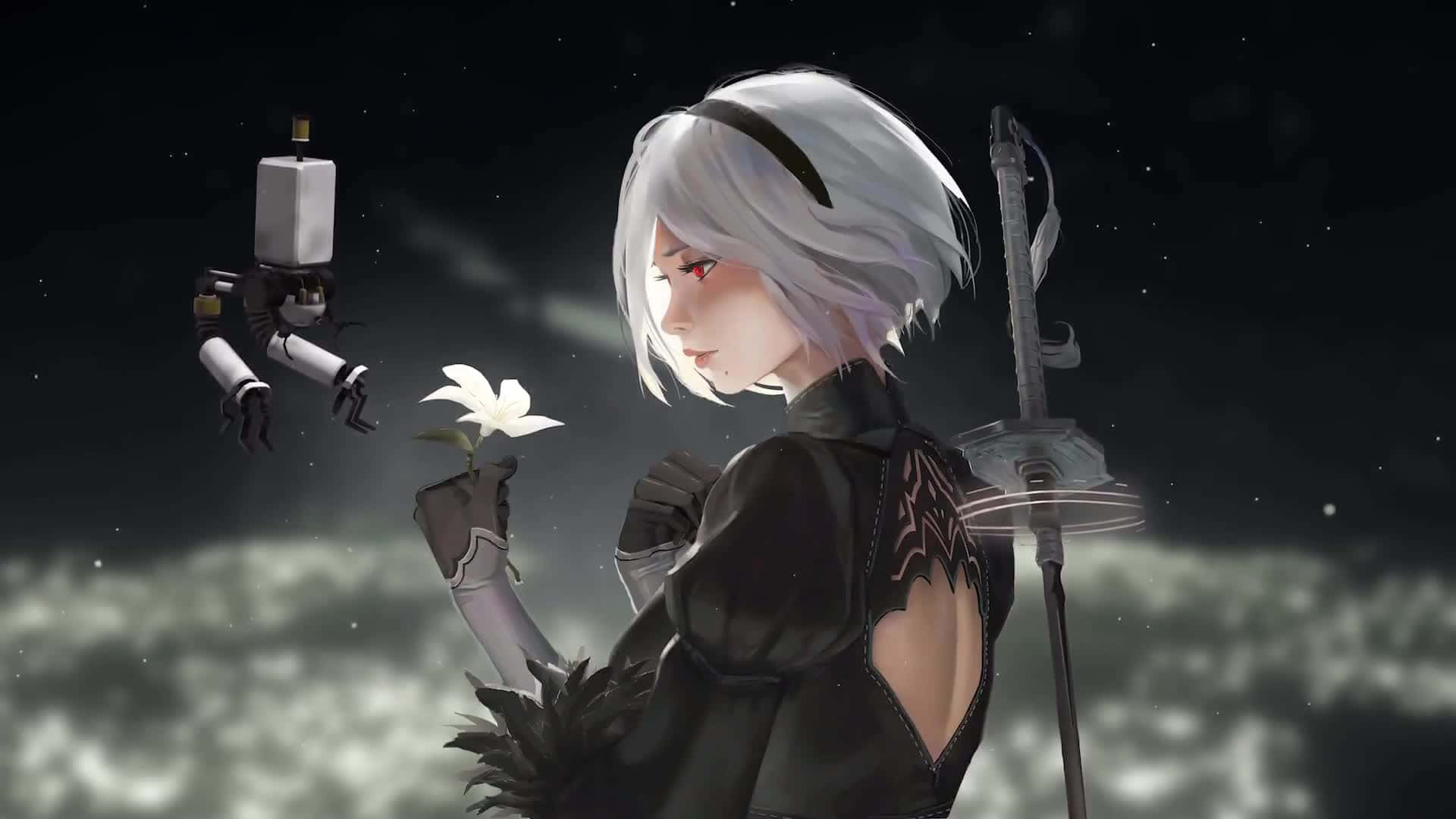 Nier Automata, silver-haired anime girl, black armor, Full HD Desktop Wallpaper