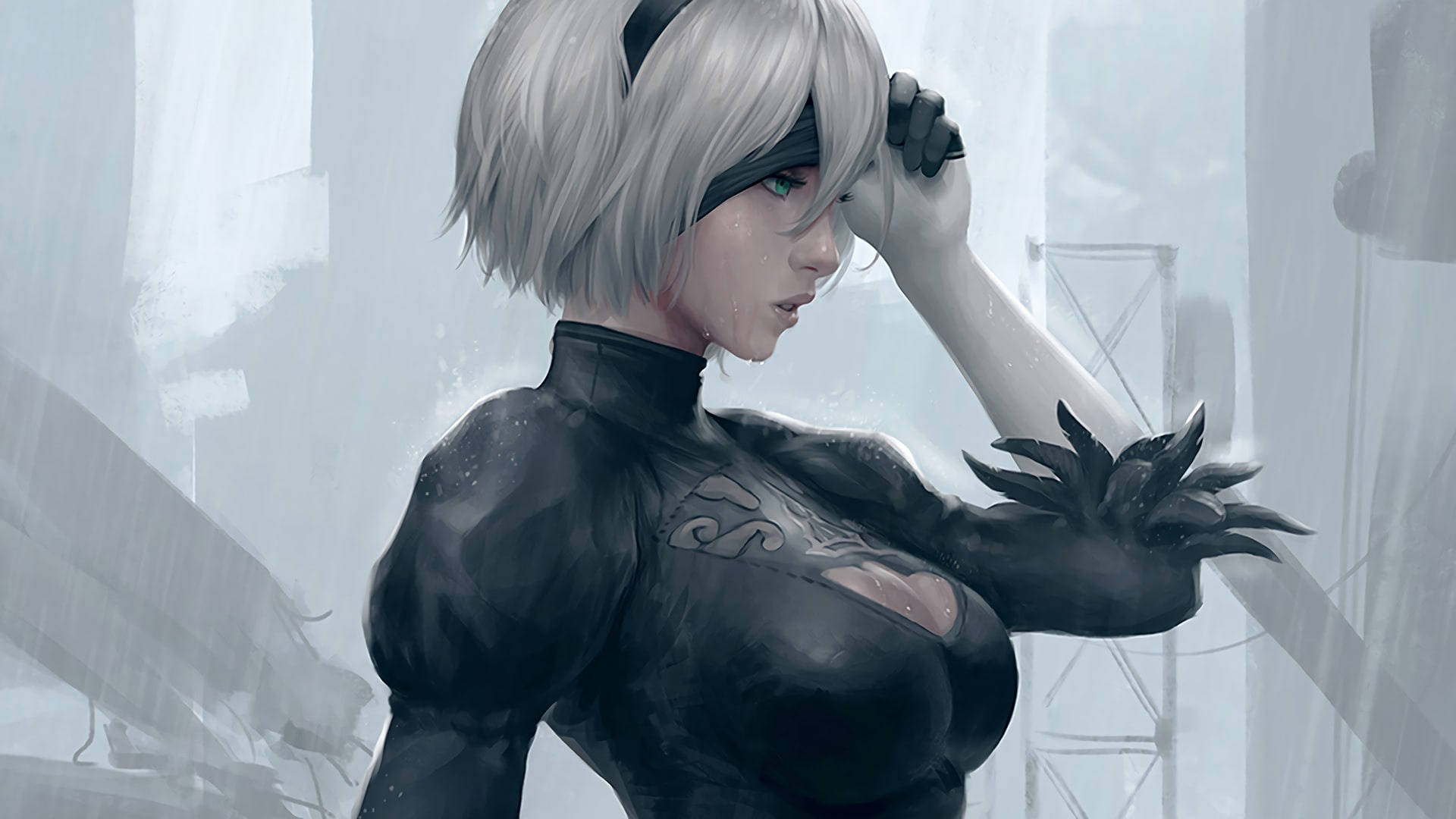 Nier Automata, emerald green eyes, silver-haired anime woman, Full HD Desktop Wallpaper