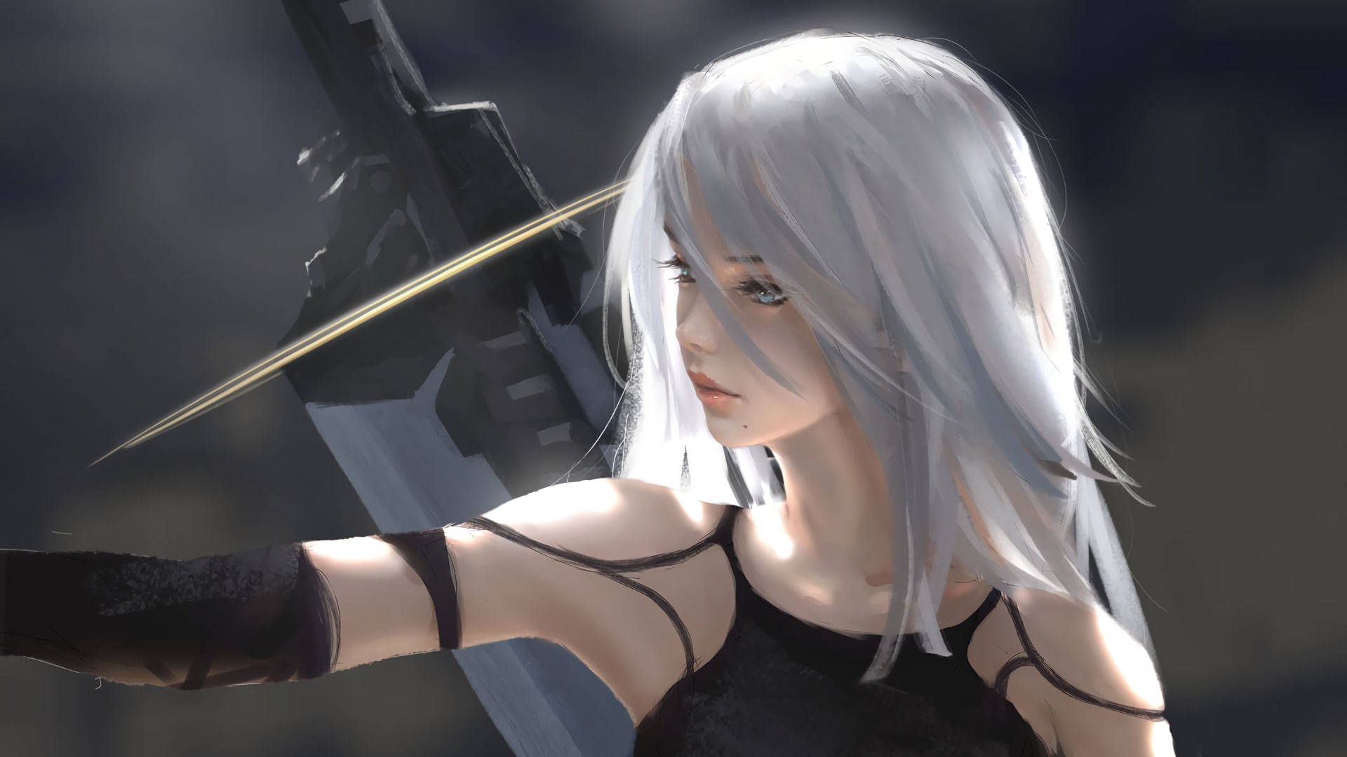 Nier Automata, gray-haired female, silver-haired anime warrior, Full HD Desktop Wallpaper