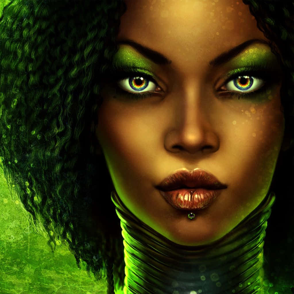 animated nigerian woman portrait, glowing green eyes, curly hair, SD Desktop Wallpaper