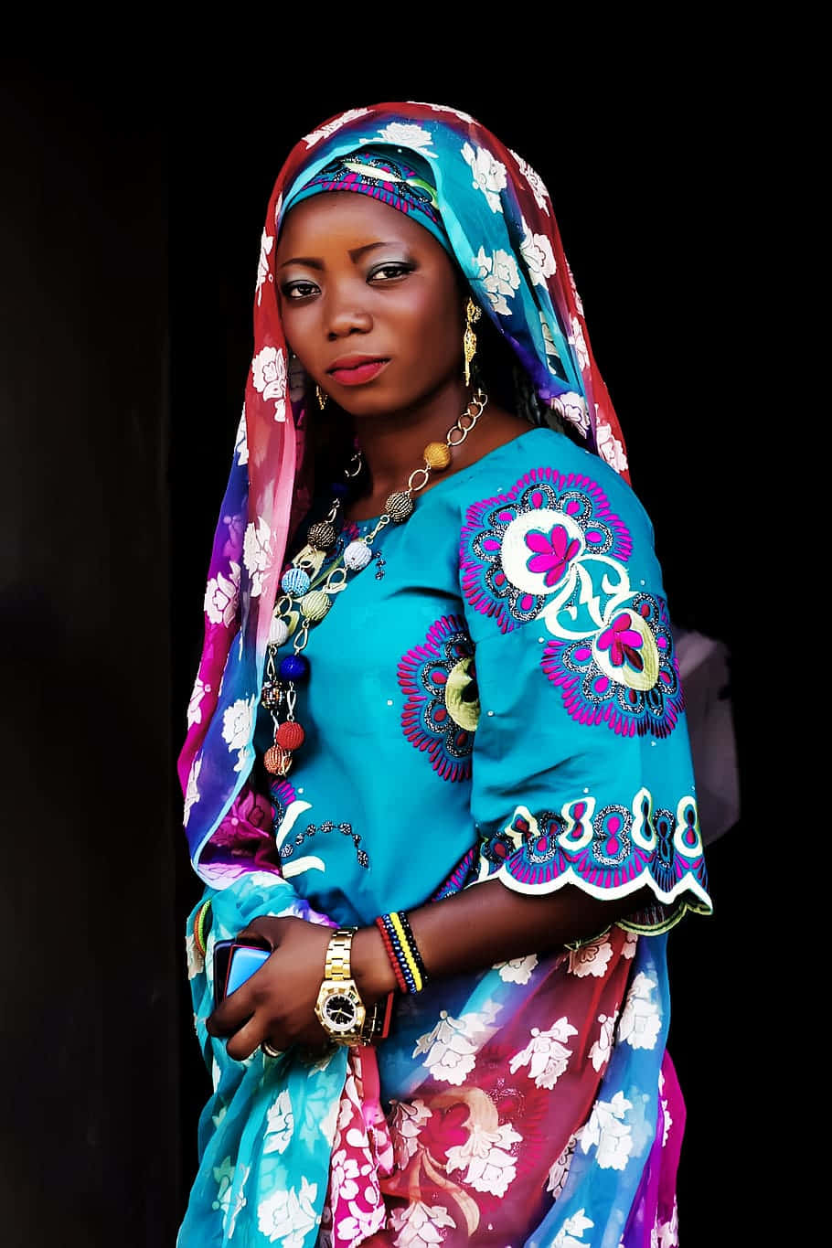 Nigerian Woman, blue floral dress, vibrant blue and pink floral attire, HD Phone Wallpaper