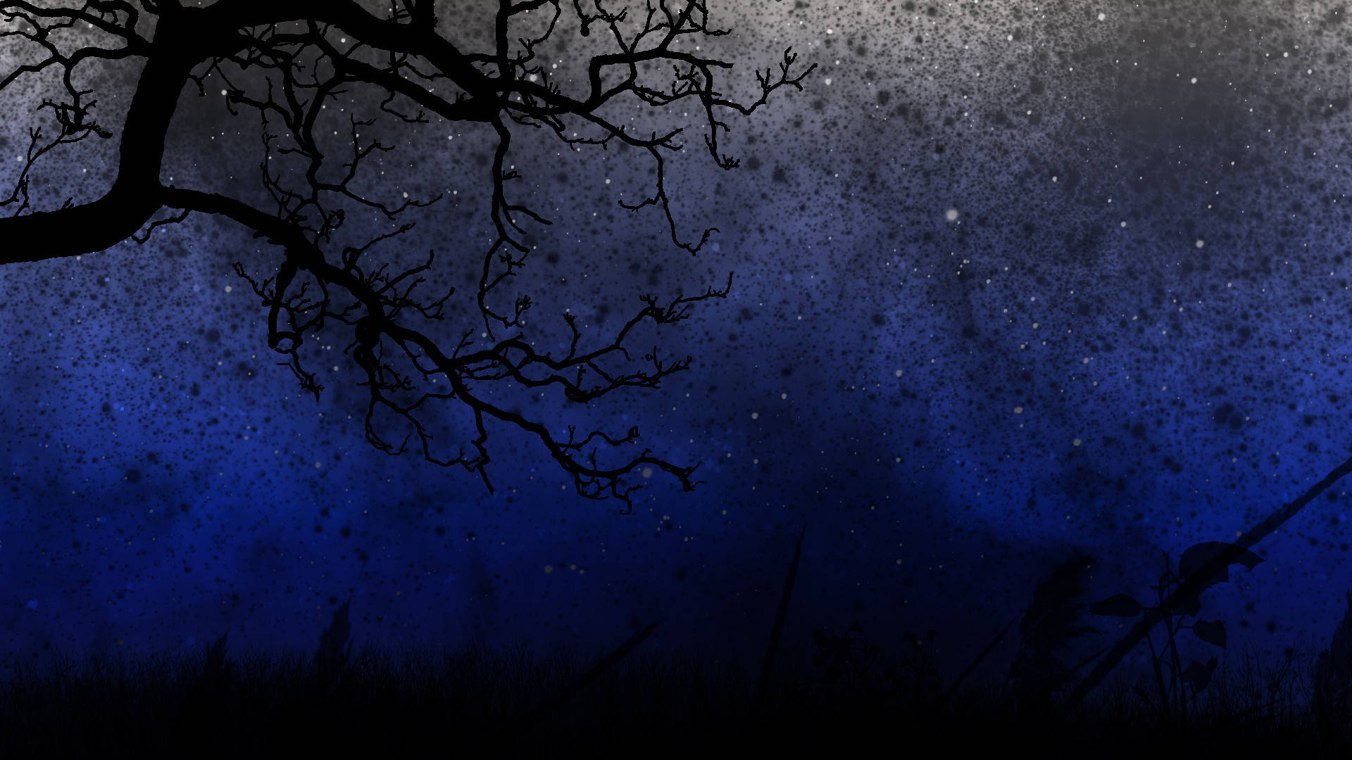 tree branch silhouette, deep blue starry night sky, speckled texture, Full HD Desktop Wallpaper
