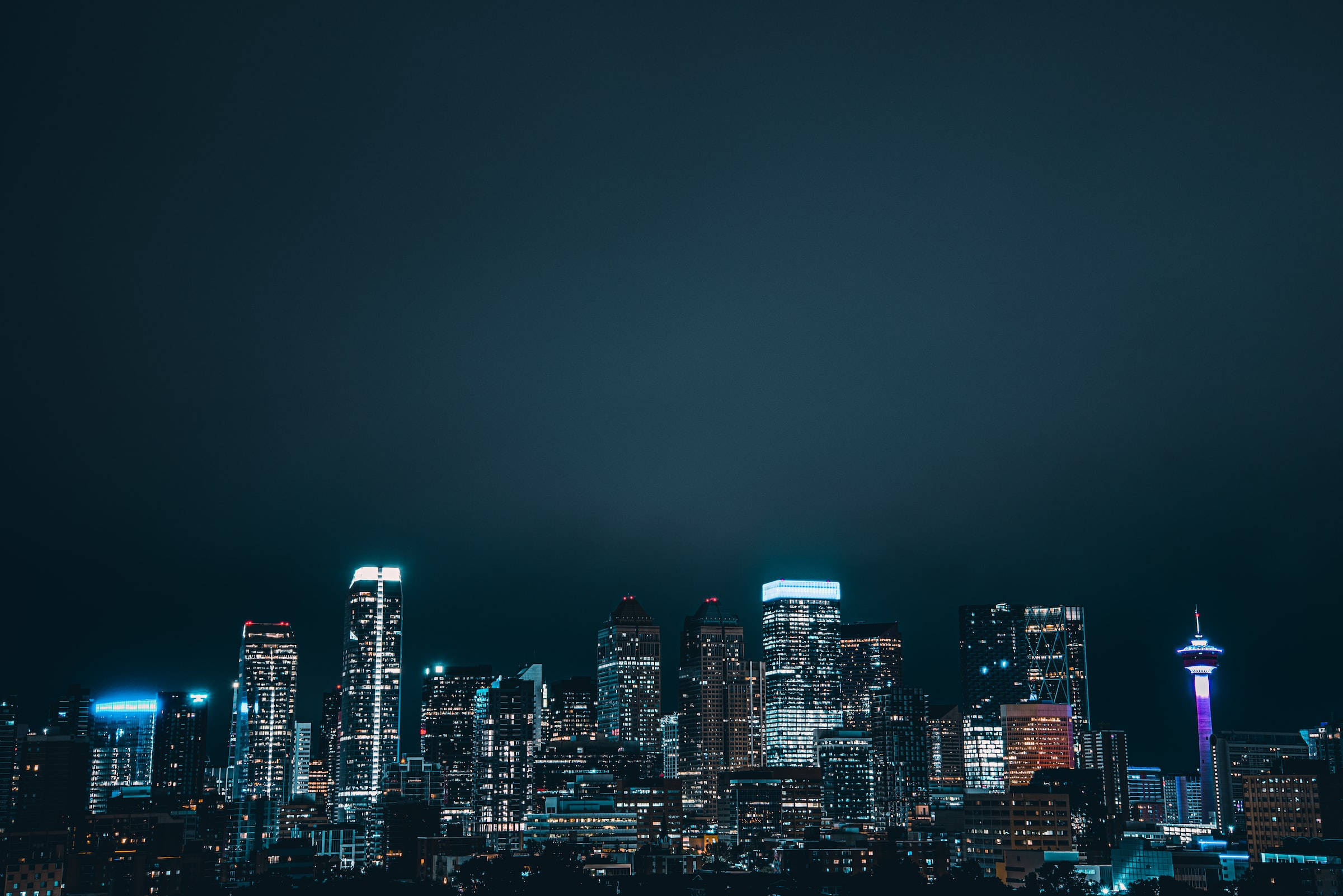 Clear City Night Sky, illuminated skyscrapers, glowing tower, Full HD Desktop Wallpaper