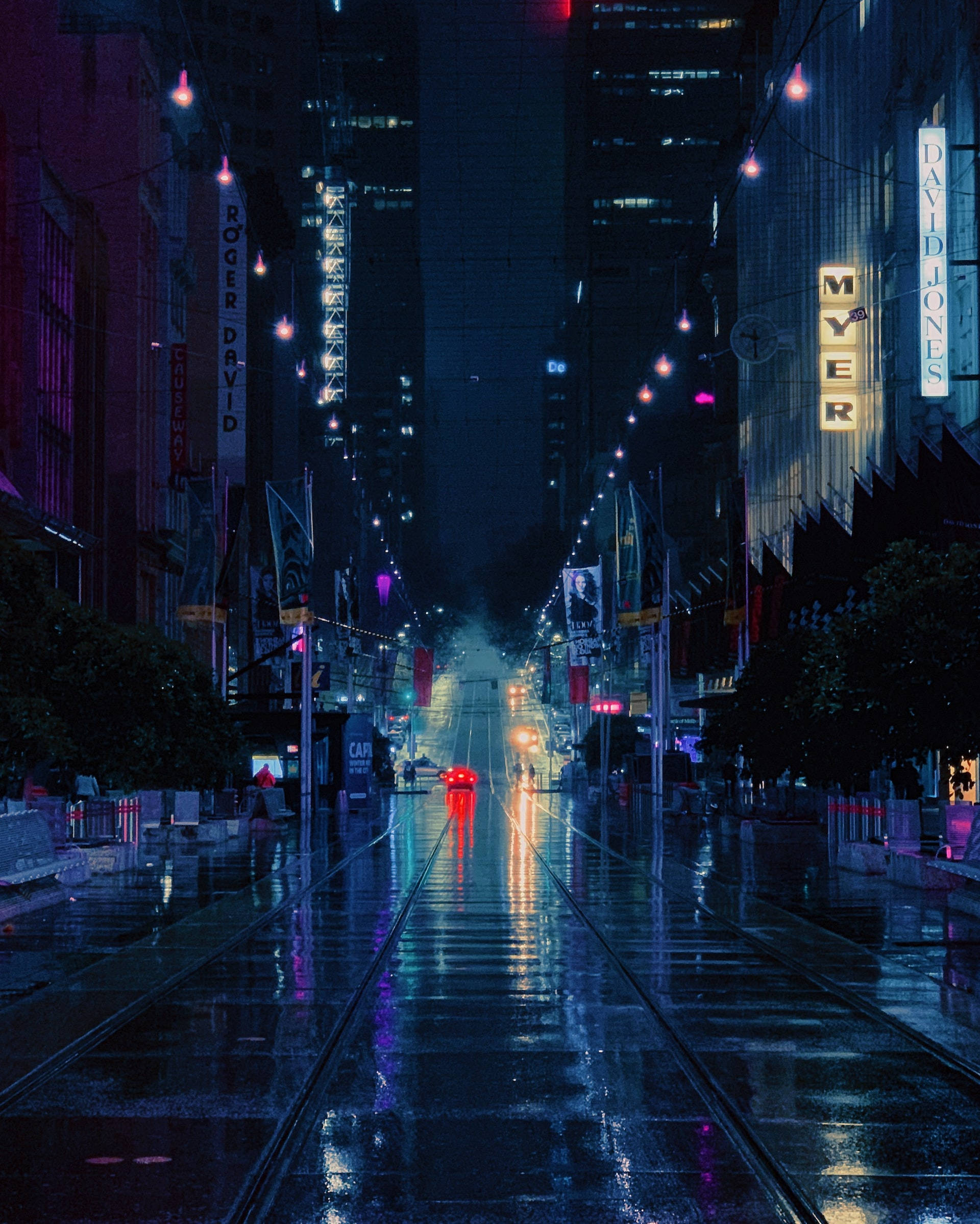 Night Aesthetic, uphill road, rain-slicked city street, Full HD Phone Wallpaper